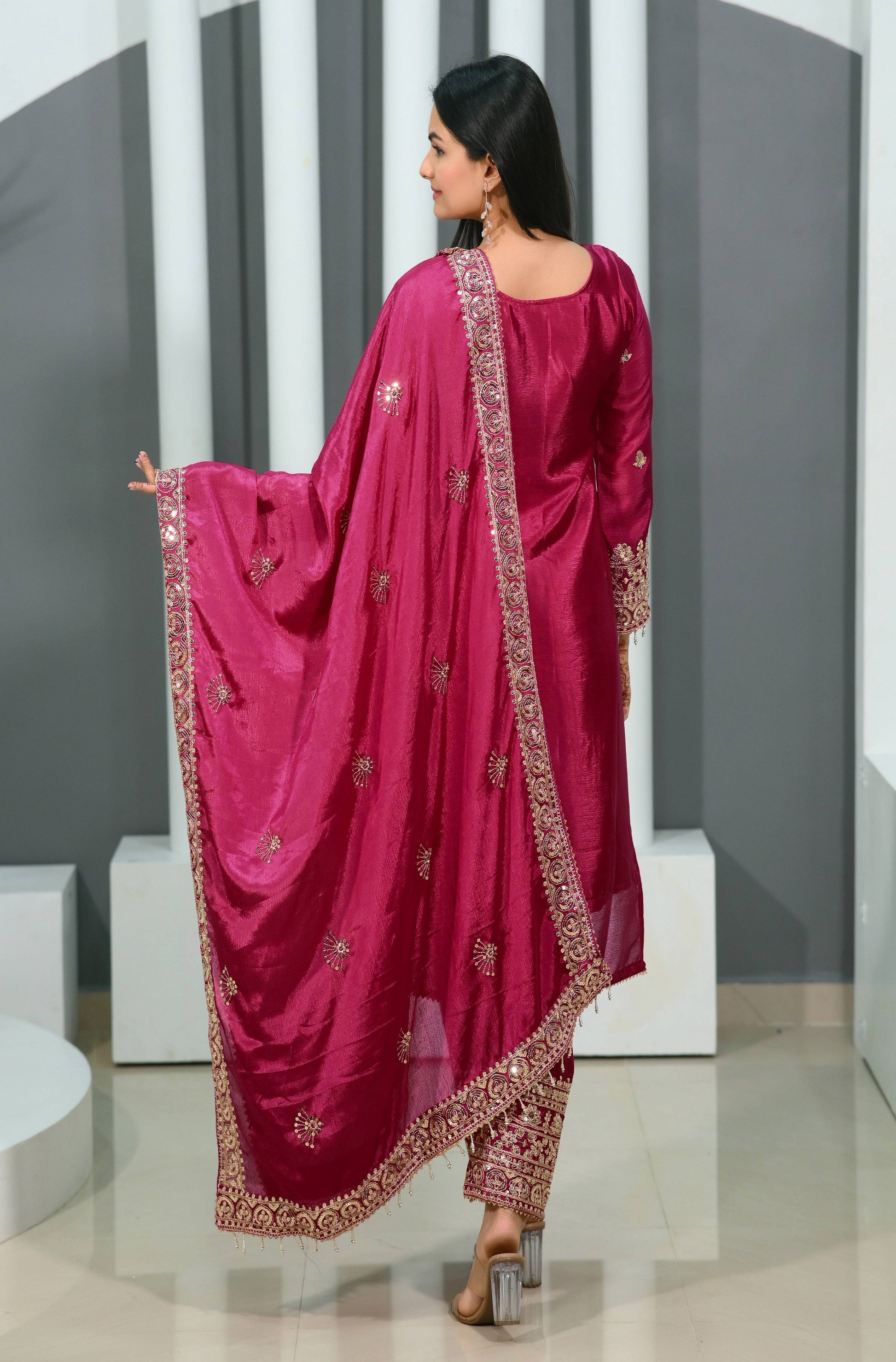 Teeya Creation Rani Color Chinon Silk Heavy Embroidery Work Fully Stitched Salwar Suit