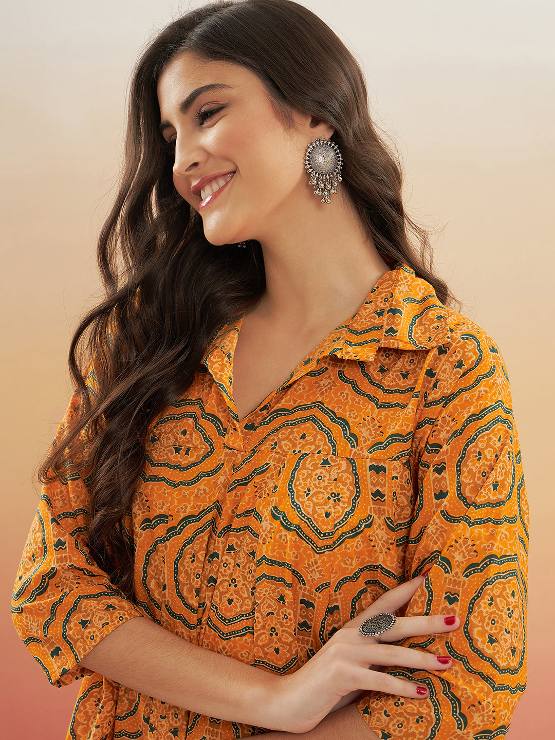 InWeave Women's Haldi Yellow Mughal Kalamkari Flared Dress 