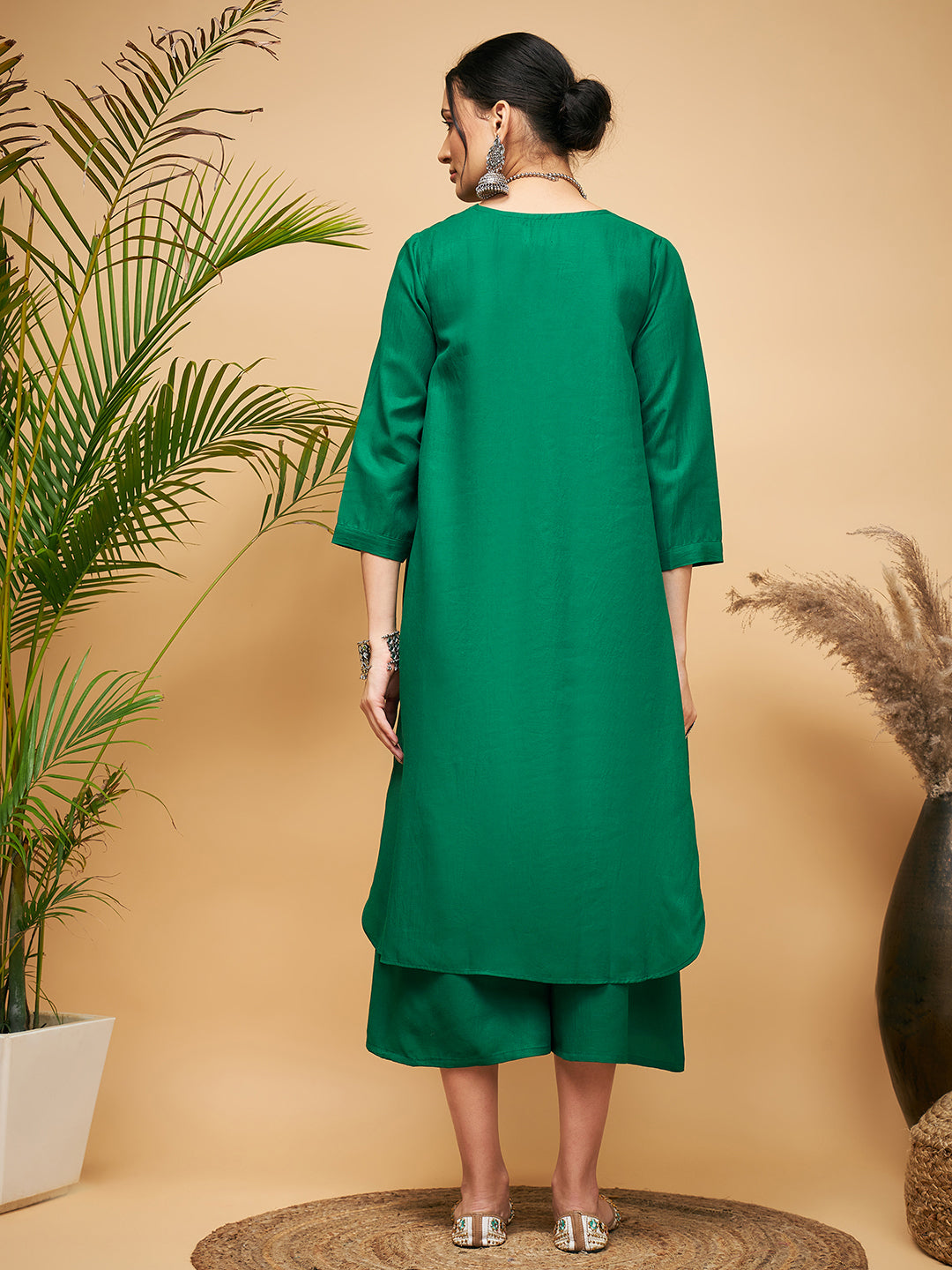 InWeave Women's Forest Green Flared Kurta Palazzo Set 