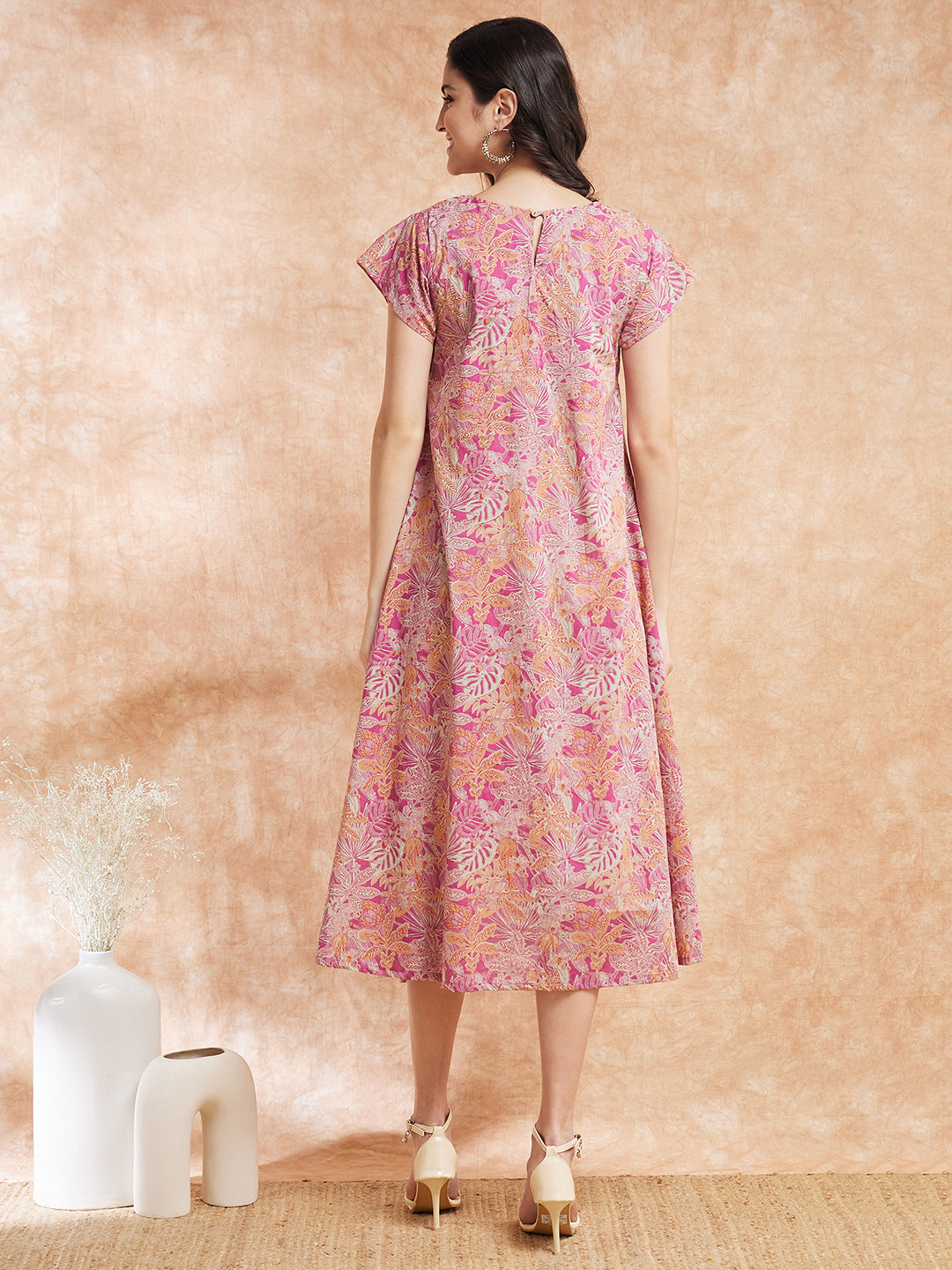 InWeave Women's Pink Coral Floral Print A Line Dress 
