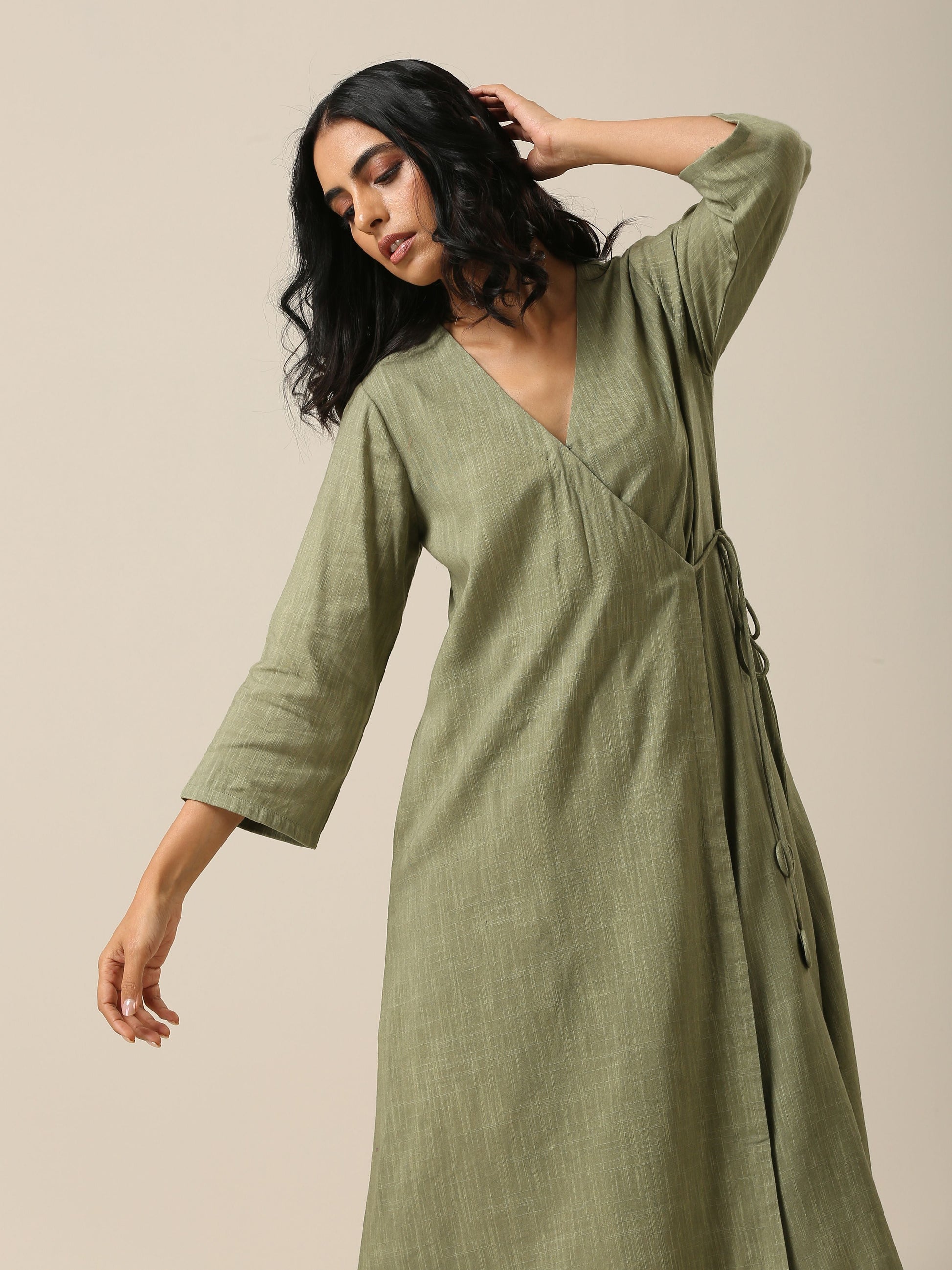 trueBrowns Sage Slub Texture Angrakha Pant Set 