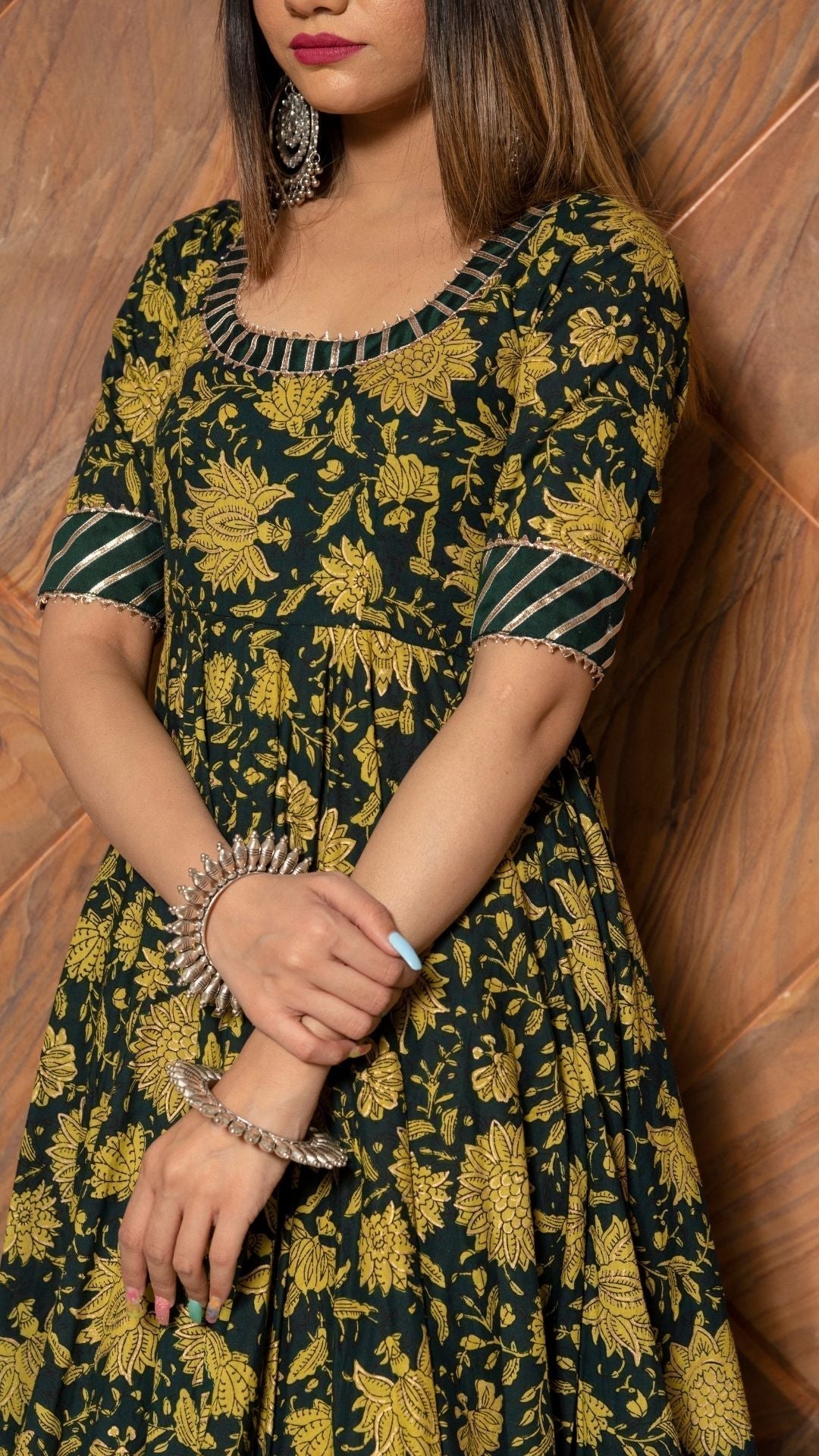Pomcha Jaipur Idika Green Hand Block Anarkali Set 