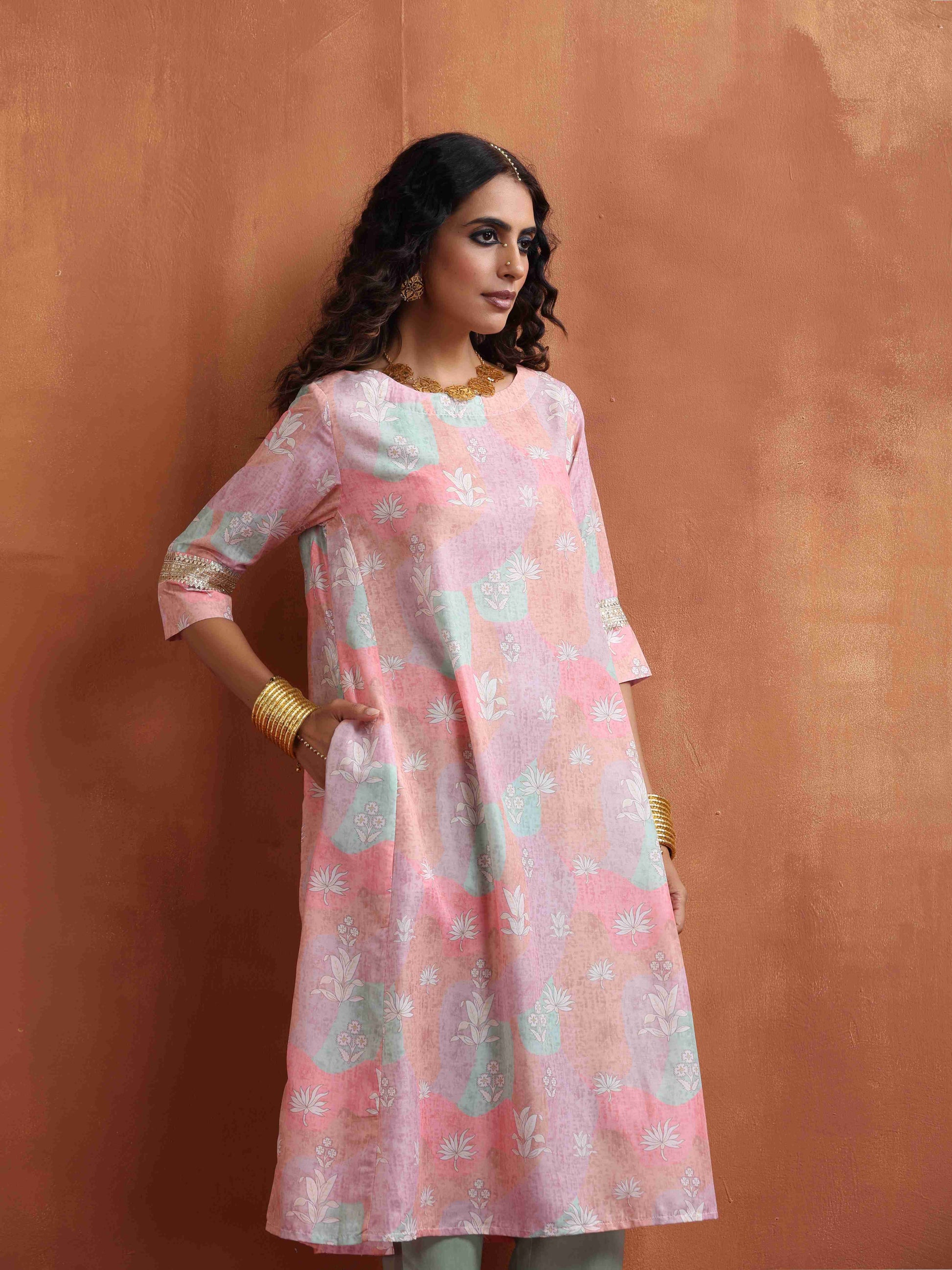 trueBrowns Beige Palm Print A-line Kurta Set 