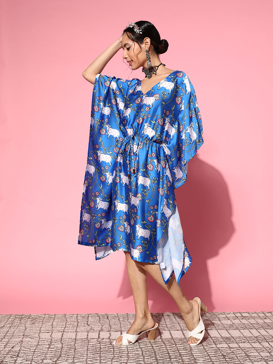 InWeave Women's Ink Blue Indian Bull Print Kaftan 