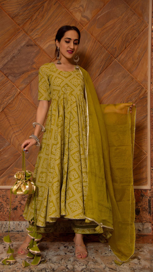 Pomcha Jaipur Bandhej Mehndhi Green Cotton Anarkali Set 