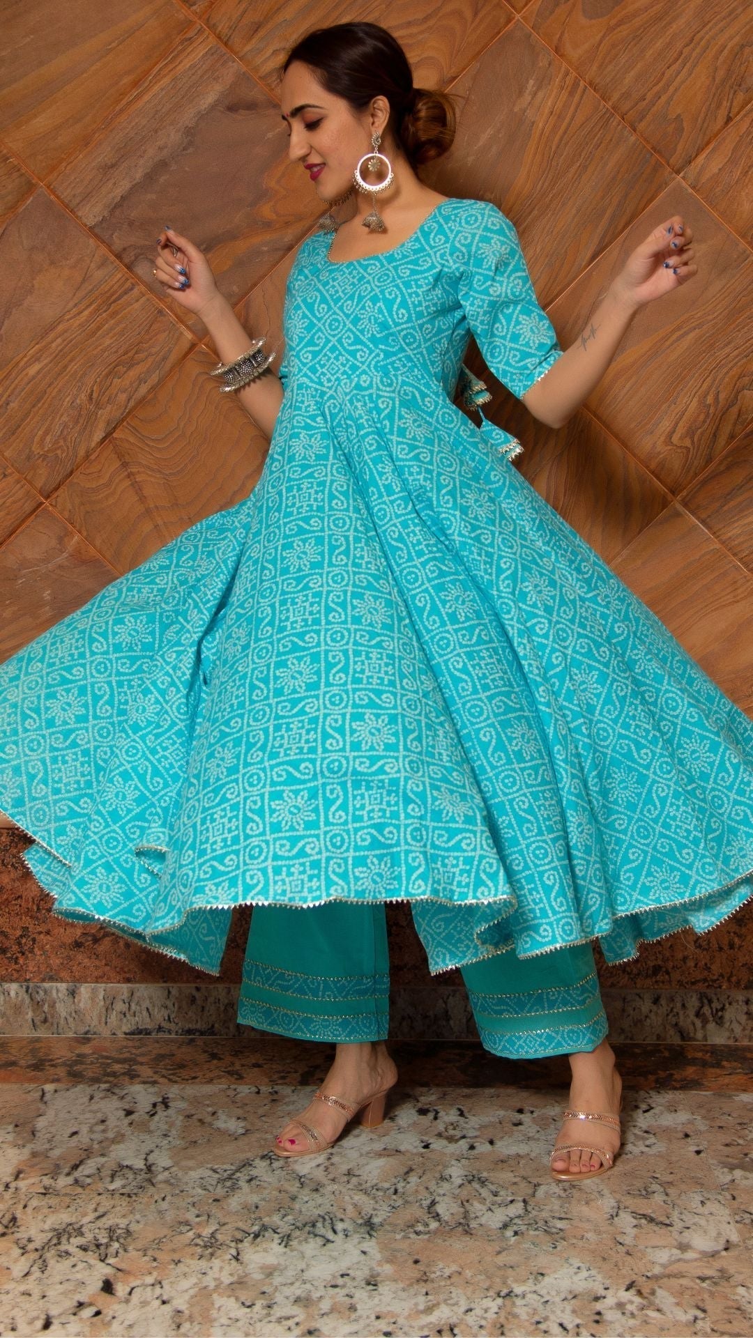 Pomcha Jaipur Bandhej Blue Cotton Anarkali Set 