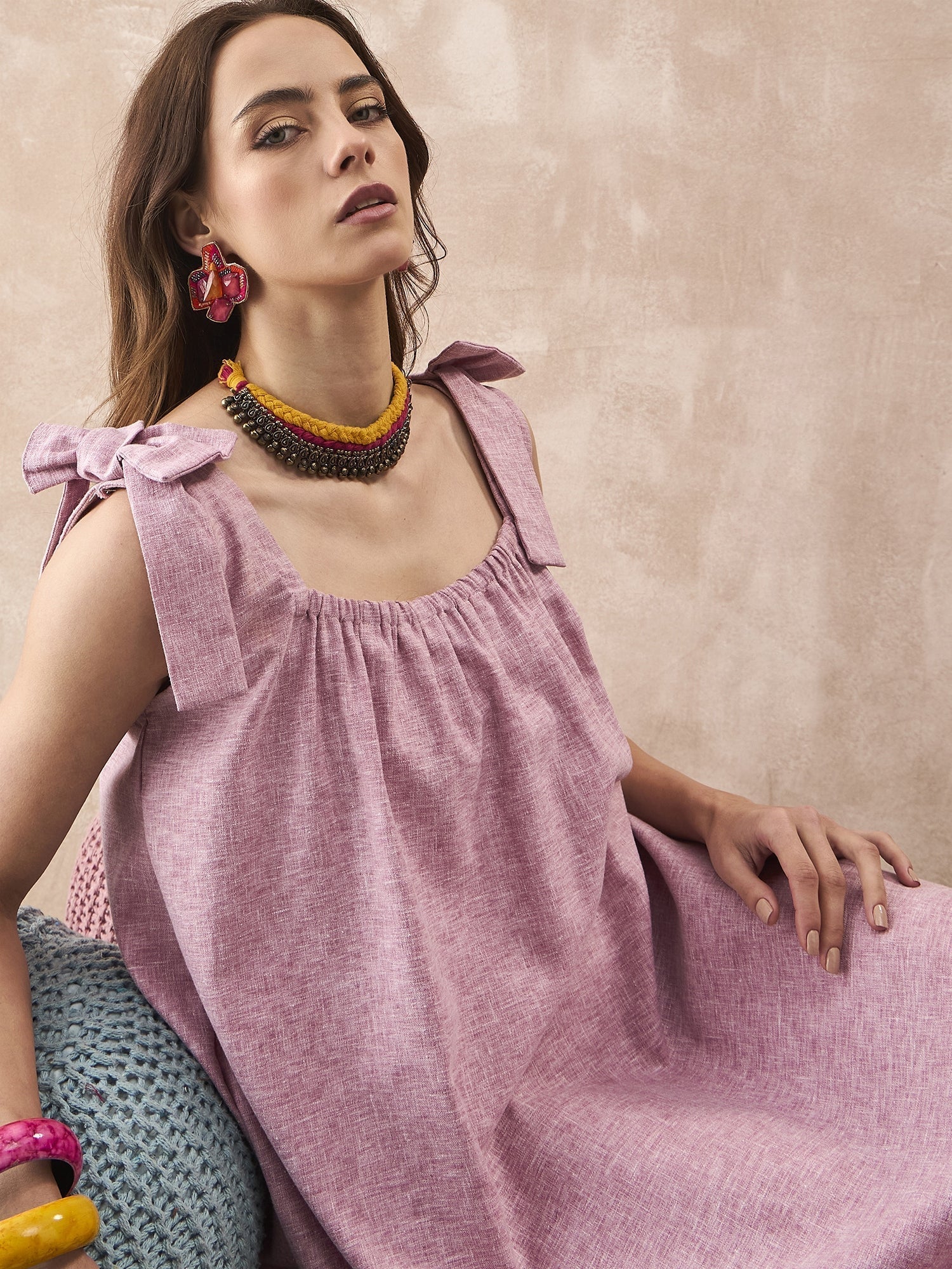 InWeave Dull Pink Linen Round Pleat Bow Dress 