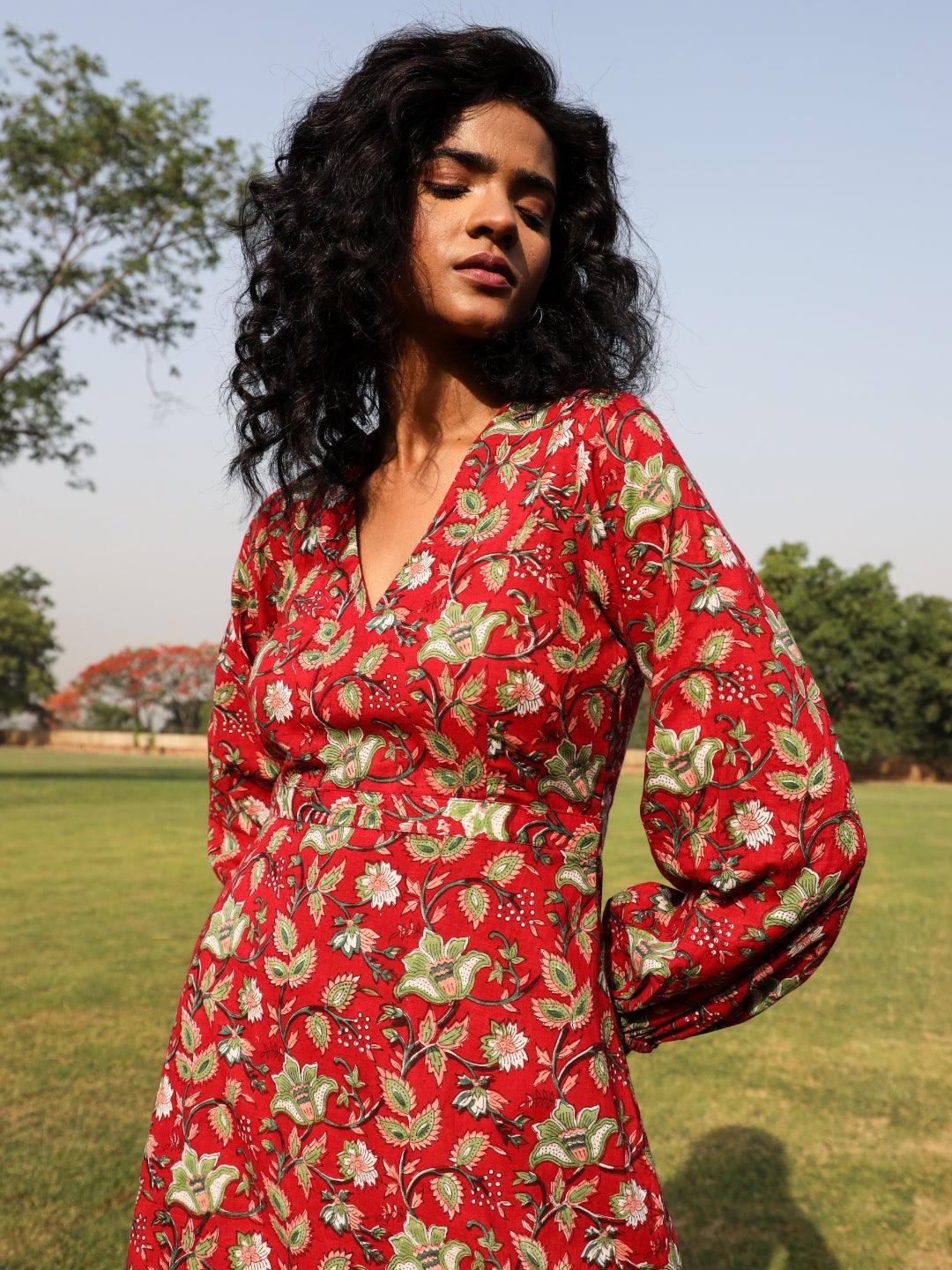 trueBrowns Red Cotton Block Print Backless Dress 