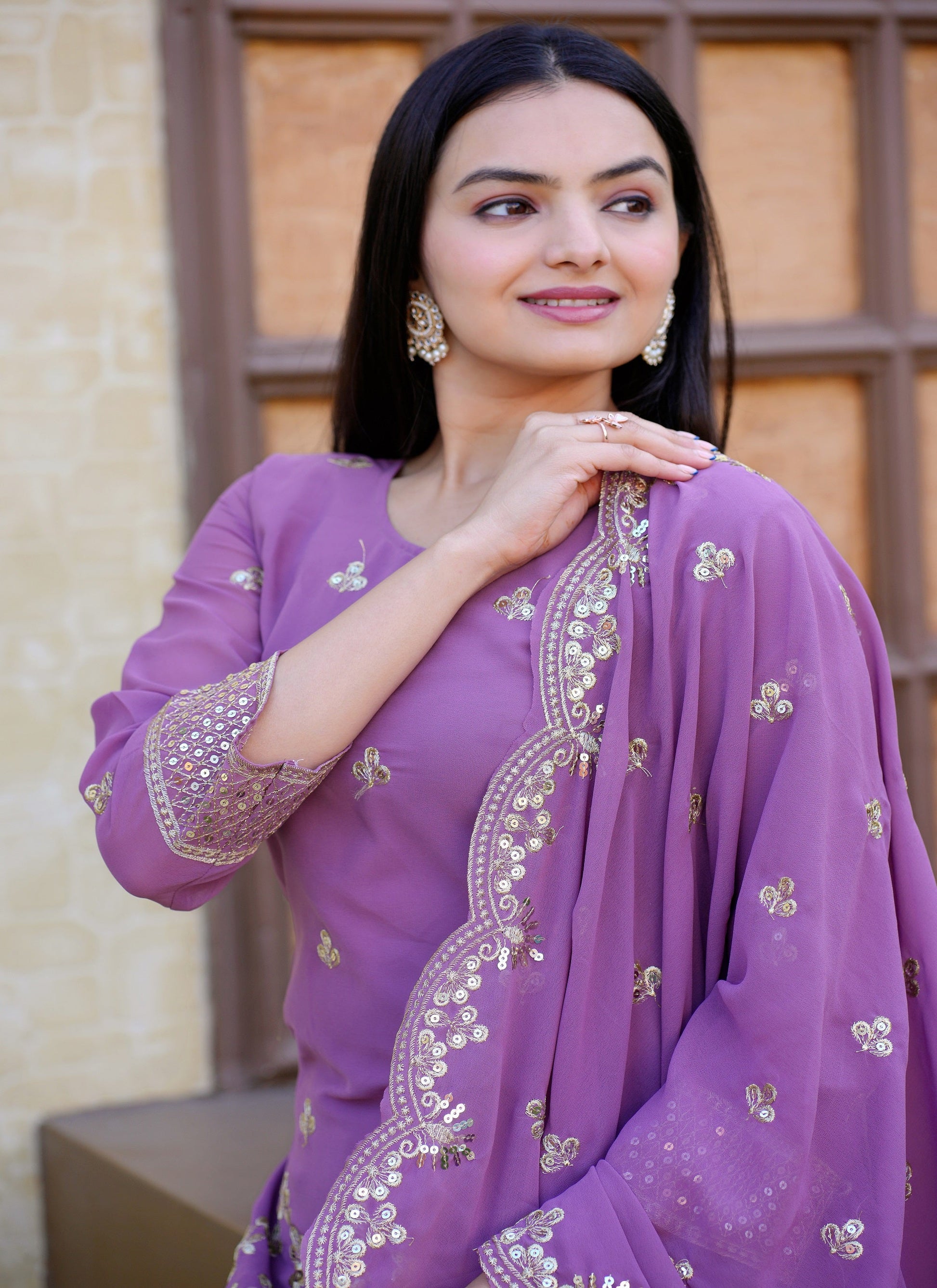 Teeya Creation Lavendar Color Georgette Heavy Embroidery Work Fully Stitched Sharara Suit Set