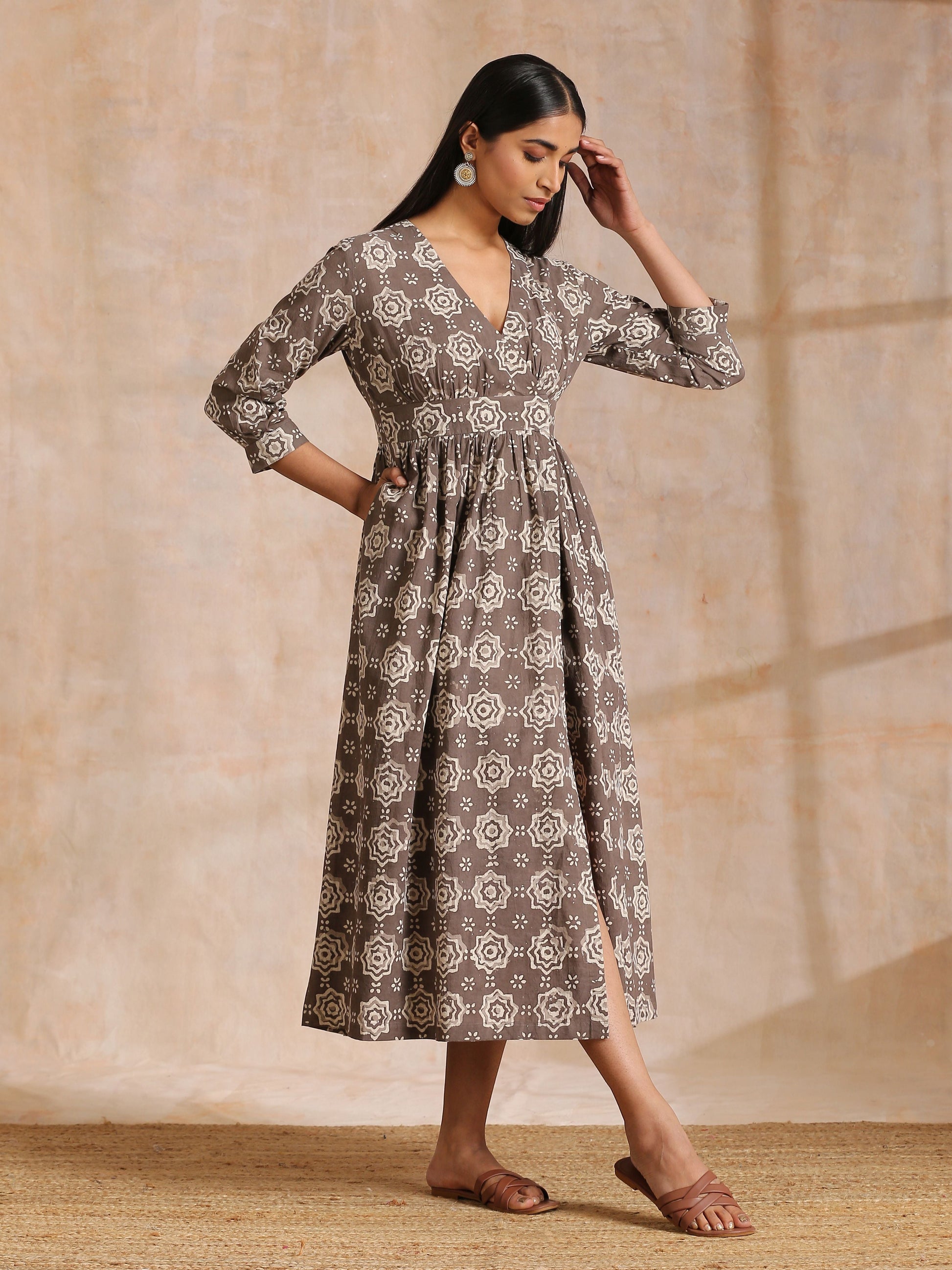 trueBrowns Clay Dabu Overall Print Cotton Wrap Dress 