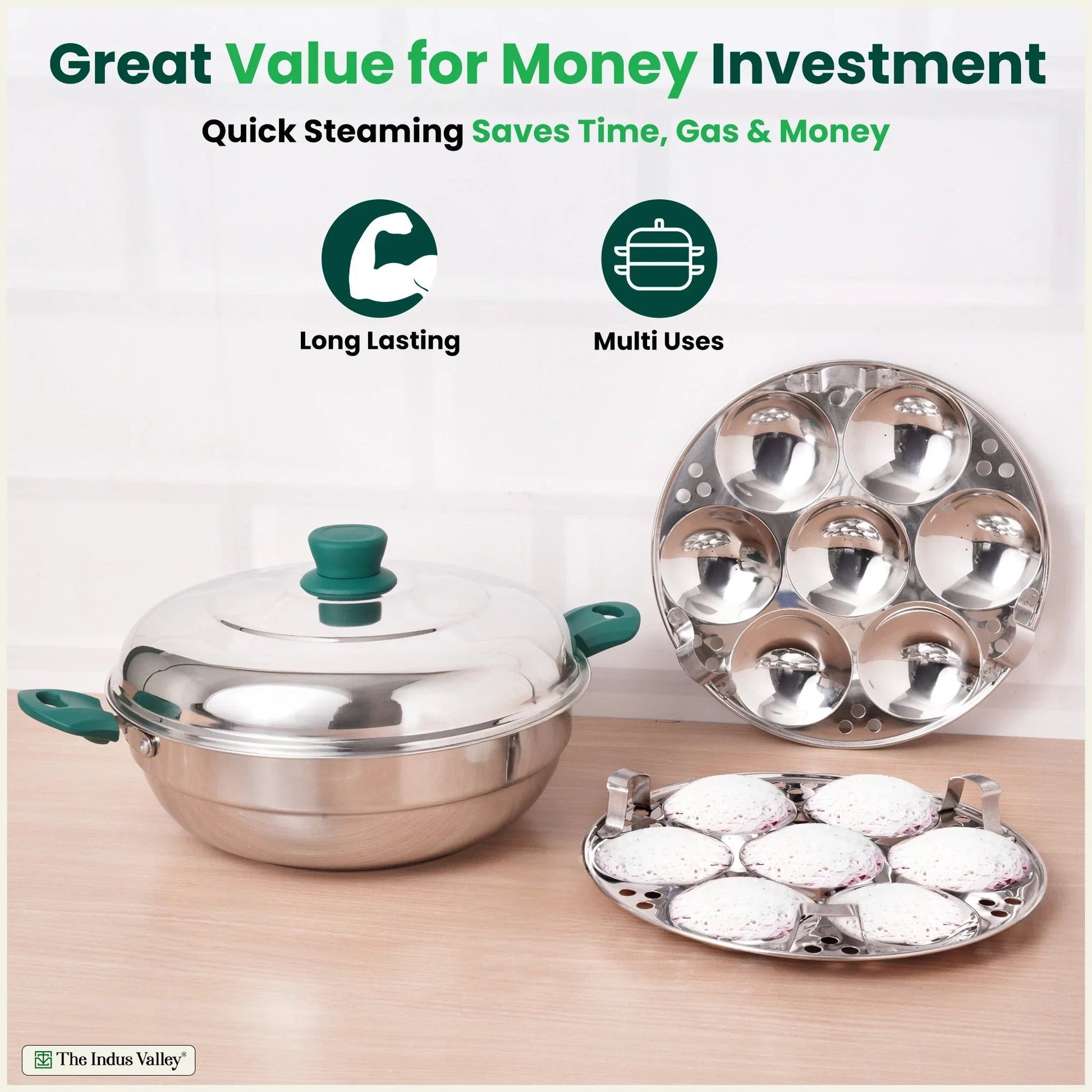 The Indus Valley 14 Pit Tri-Steel Multi Pot Premium Stainless Steel Idli/ Momo Maker/ Veg Steaming Set, Tri-ply Induction Bottom, 2 Plates, 27cm 