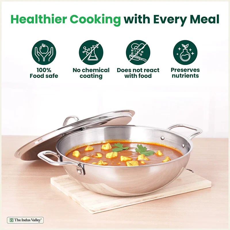 The Indus Valley TurboCuk Tri-ply Stainless Steel Kadai+ Steel Lid, Premium Quality, 3 Layer Thick Body, 100% Toxin-free, Non-stick, Induction & Gas, 3L/3.5L/3.9L/4.5L  Grab2Buy The Indus Valley Grab2Buy