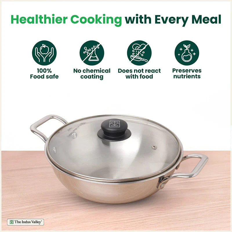 The Indus Valley TurboCuk Tri-ply Stainless Steel Kadai+ Glass Lid, Premium Quality, 3 Layer Thick Body, 100% Toxin-free, Non-stick, Induction & Gas, 1.7/2.7/3.5L  Grab2Buy The Indus Valley Grab2Buy