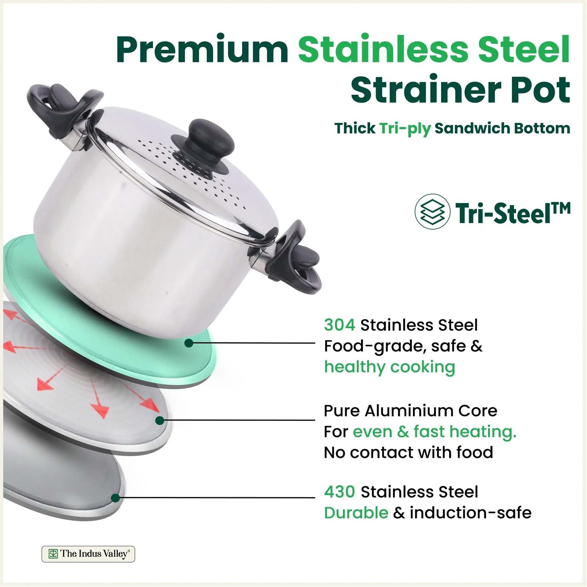 The Indus Valley Tri-steel Stainless Steel Rice Pot with Strainer Lid & Lockable Bakelite Handles, Tri-ply 3-Layer Heavy Bottom | Noodle/Pasta/Corn/Soya/Veggies Boiler Pot, Steamer Cooker, Induction & Gas, 1.08 Kg, 19cm, 3.5 L  Grab2Buy The Indus Valley Grab2Buy