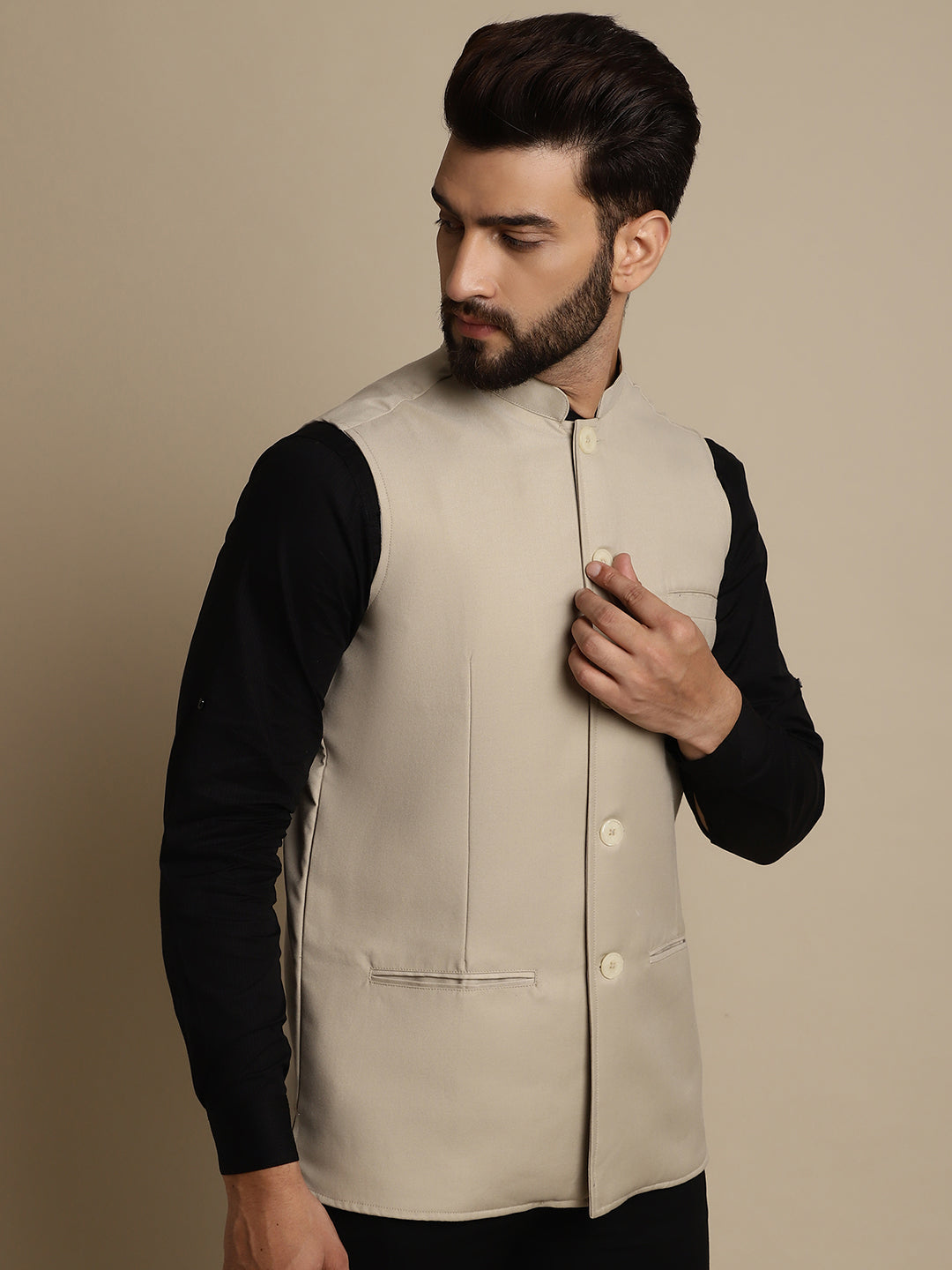 Even Apparels Men's Cream Mandarin Collar Waistcoat 
