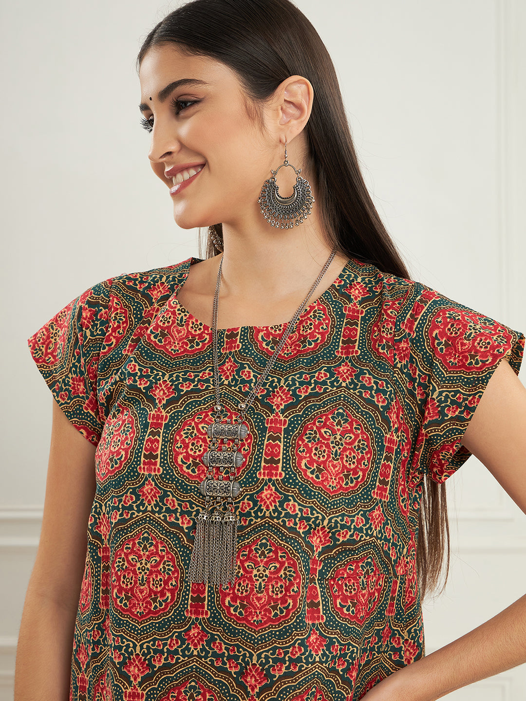 InWeave Women's Green Red Mughal Kalamkari A Line Dress 