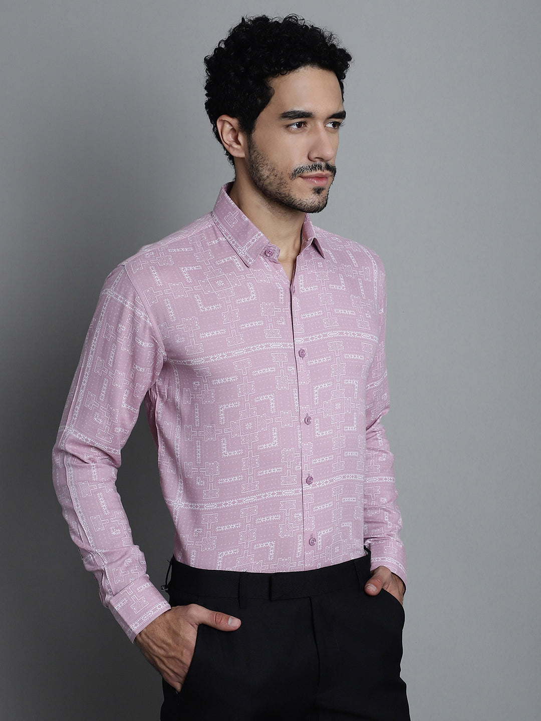 Jainish Men's Geomatric Printed Formal Shirts - Magenta