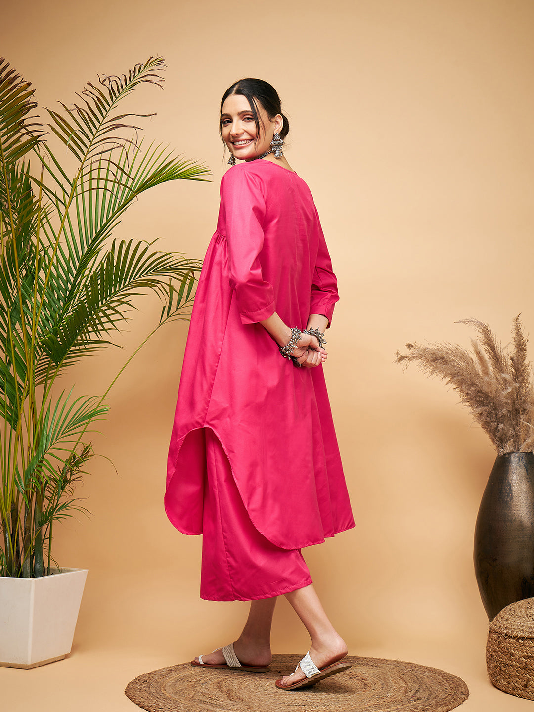 InWeave Women's Fuchsia Flared Kurta Palazzo Set 