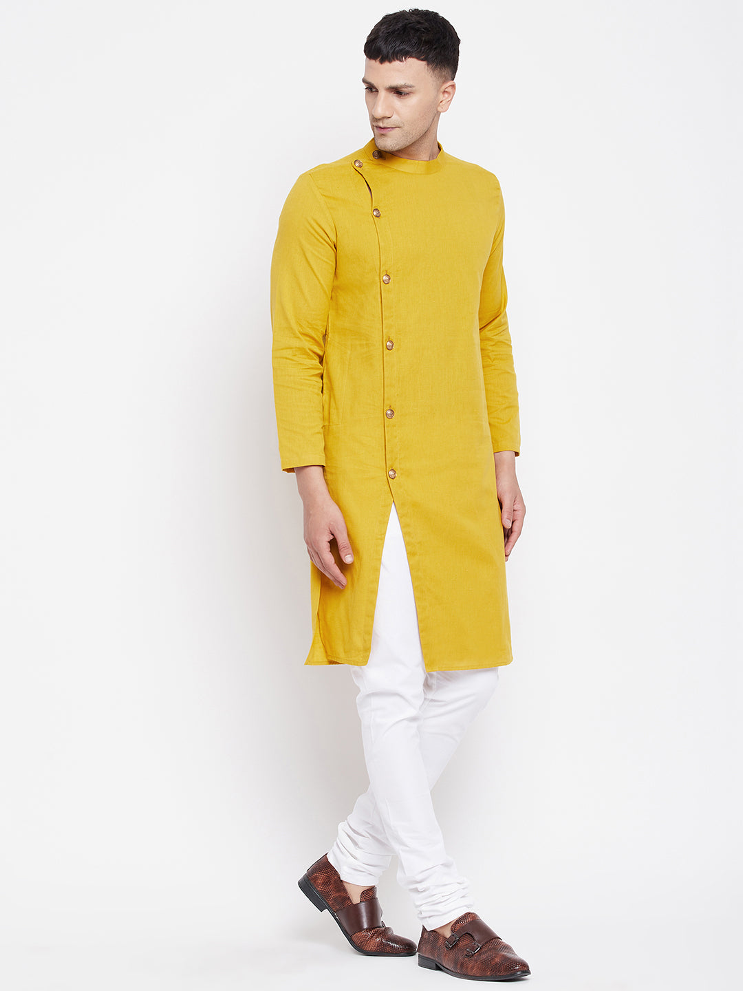 Even Apparels Yellow Pure Cotton Kurta With Band Collar 