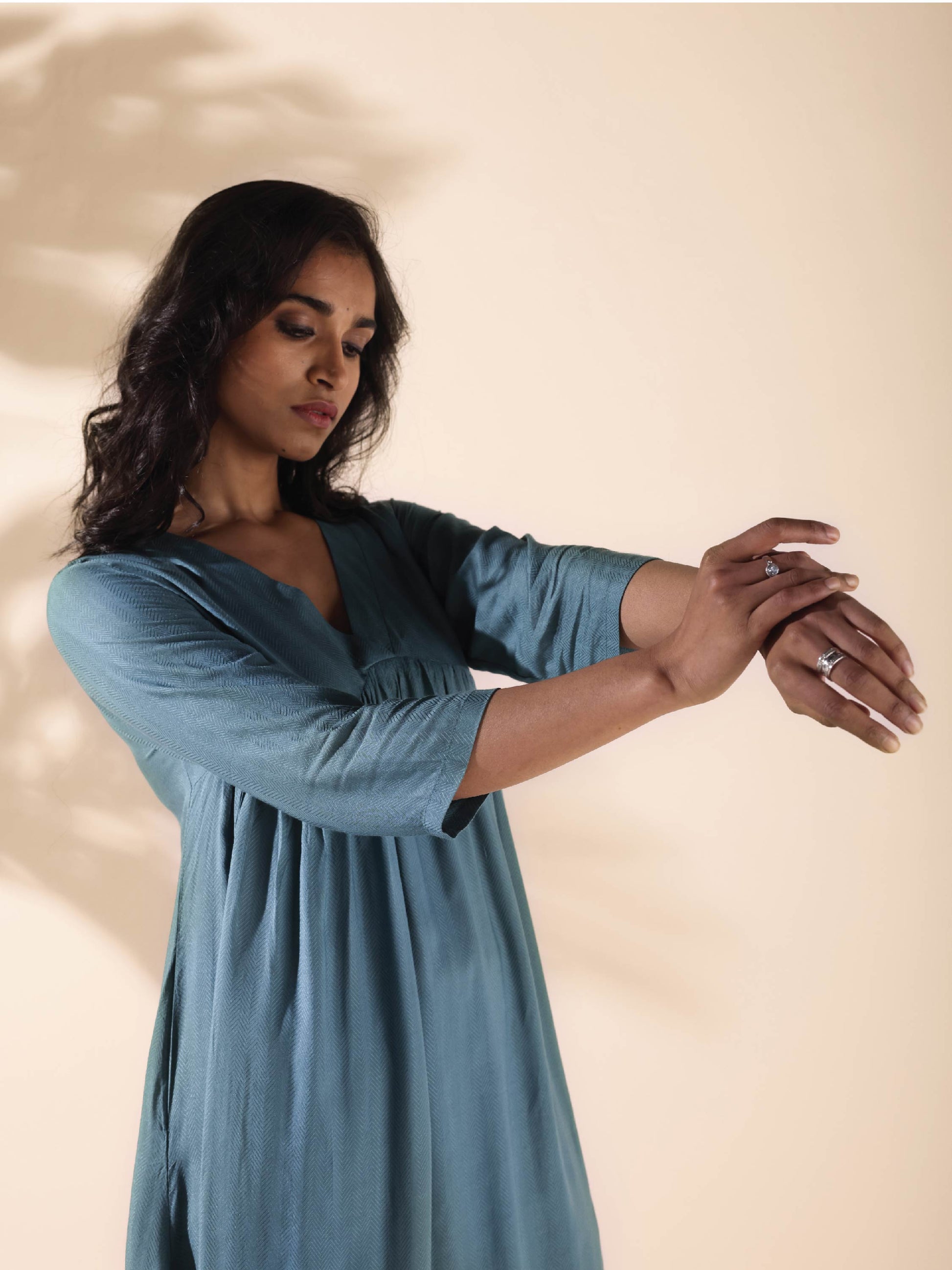 trueBrowns Turquoise Viscose Dobby Flared Kurta Pant Set 