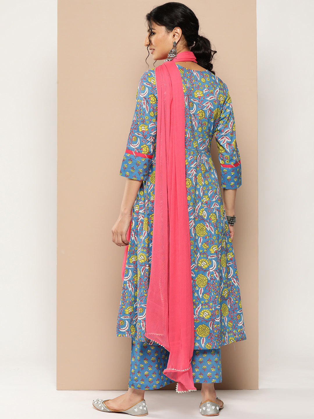 KSUT (House of Varanga) Blue Floral Printed Anarkali Kurta Paired With Printed Palazzo And Dupatta