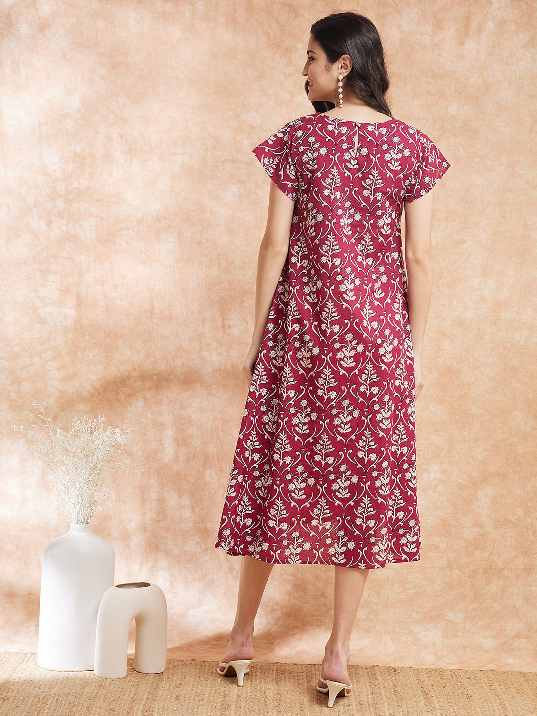 InWeave Women's Wine Cream Floral Print A Line Dress 