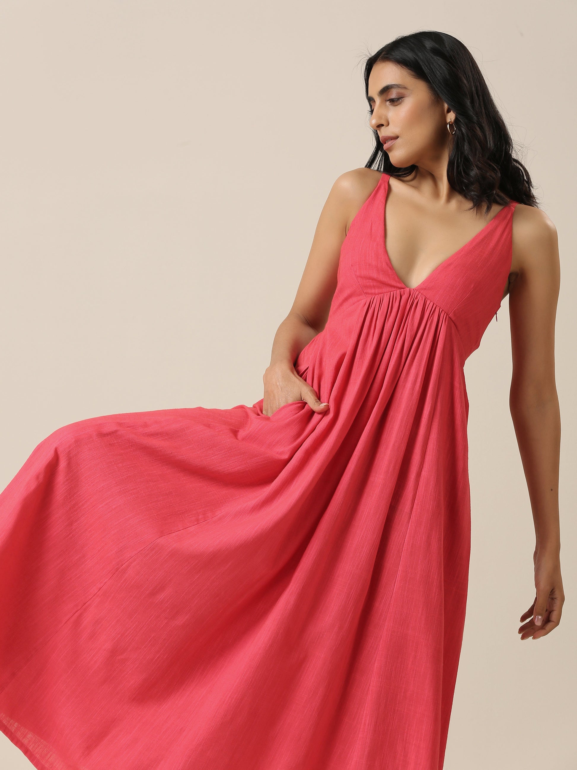 trueBrowns Bright Pink Slub Texture Sleeveless Dress 