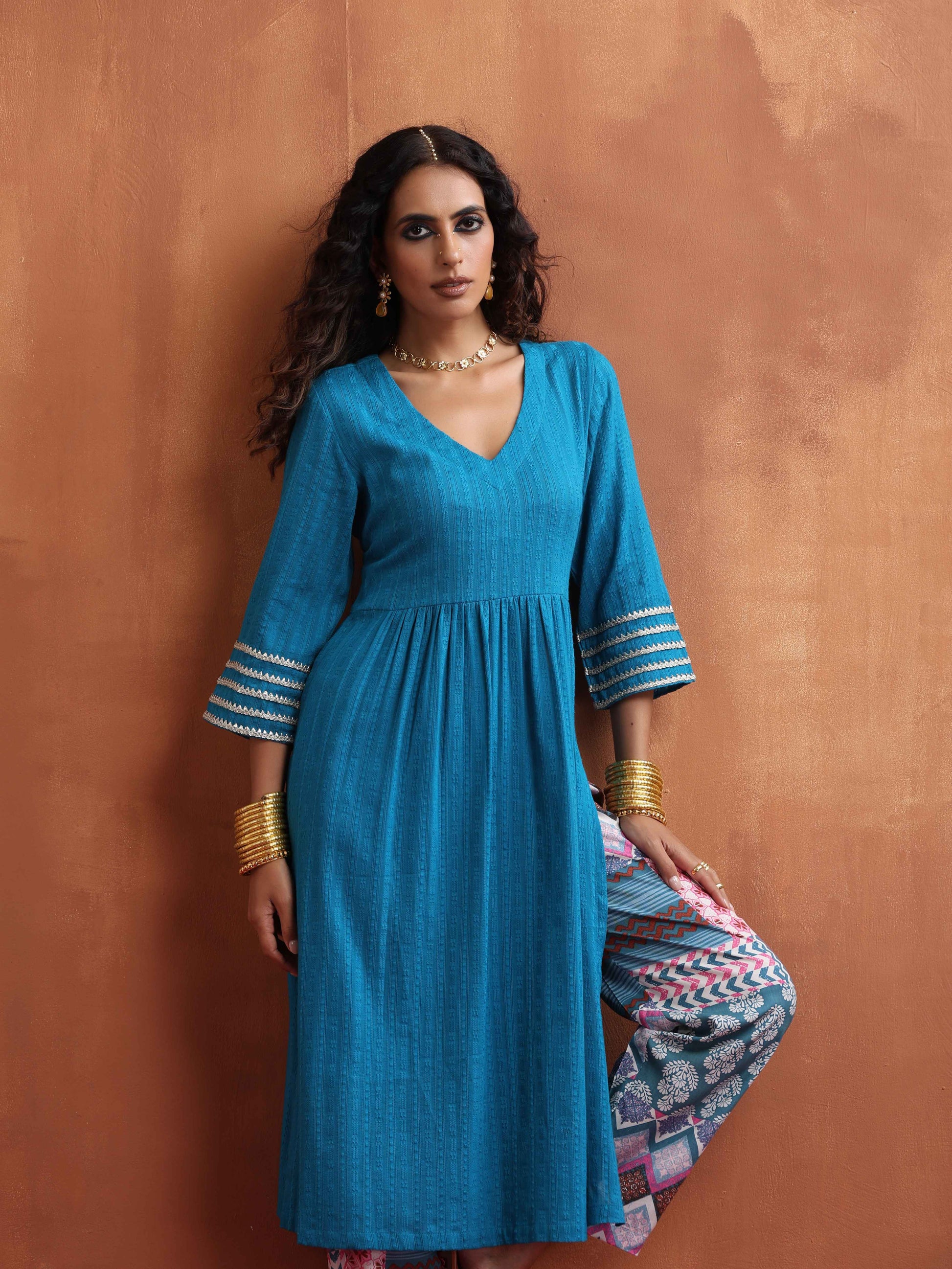 trueBrowns Blue Cotton Flared Anarkali Kurta Set 