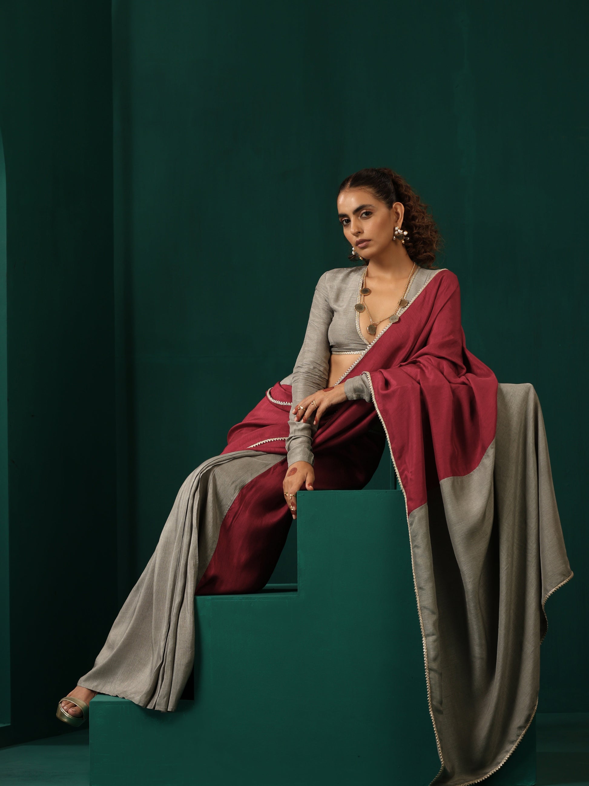 trueBrowns Grey Silk Full Sleeve Blouse | Swadesiicart