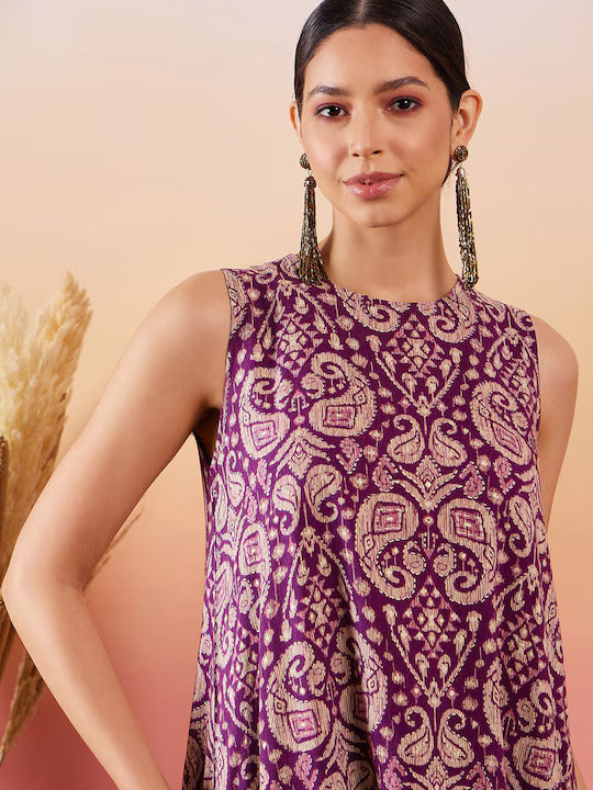 InWeave Dusty Mauve Paisley Round Neck Kurta Short Palazzo Set 