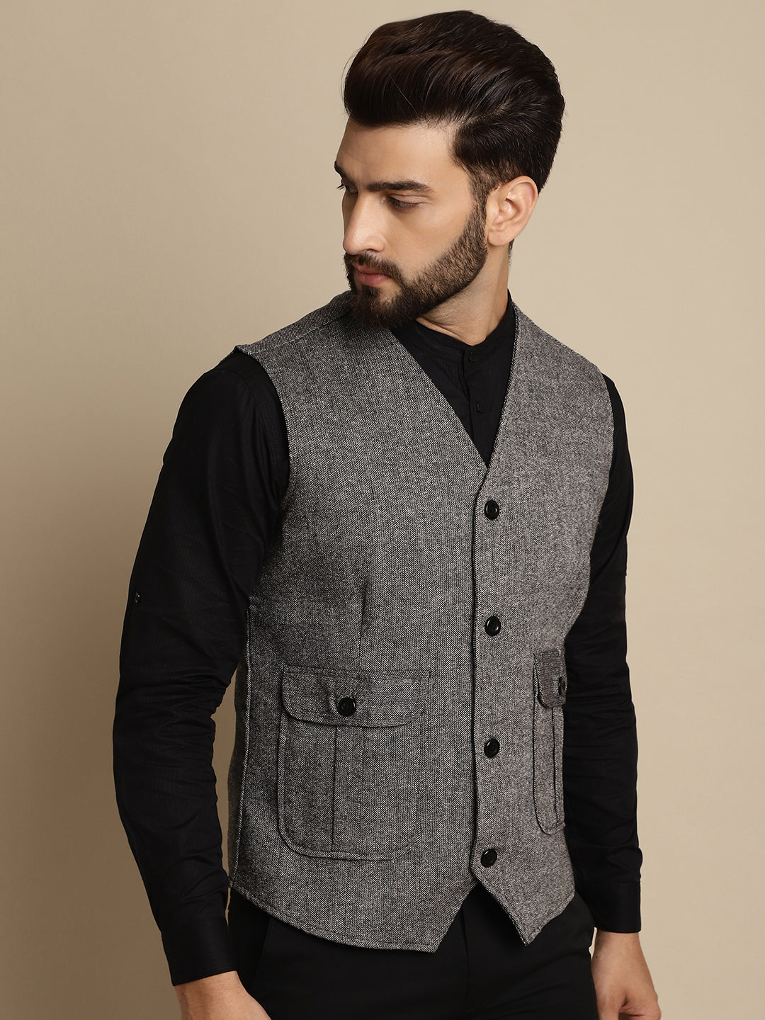 Even Apparels Men's Black Woolen Waistcoat With Patch Pocket - Grab2buy