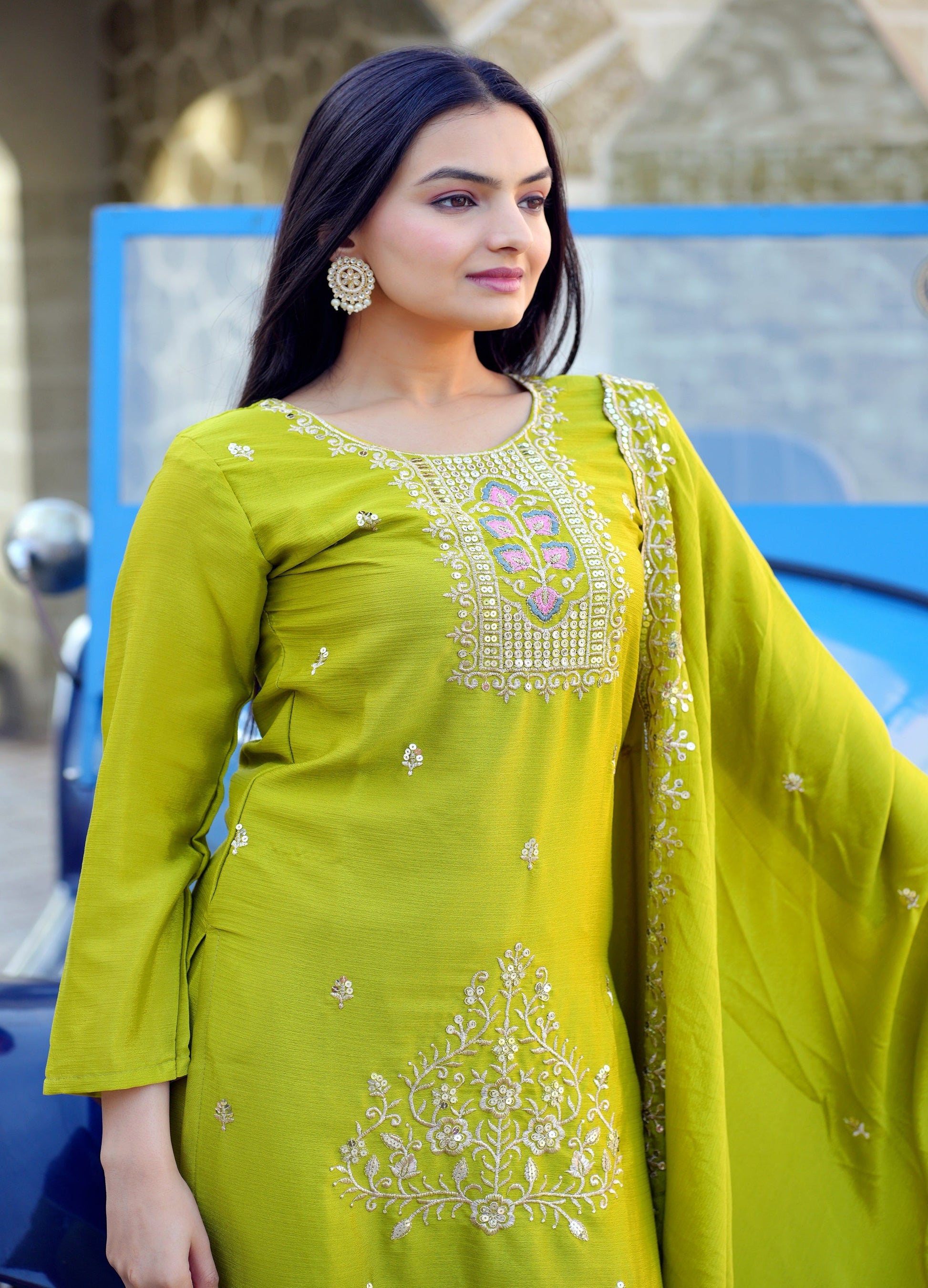 Teeya Creation Olive Color Chinon Silk Heavy Embroidery Work Fully Stitched Salwar Suit