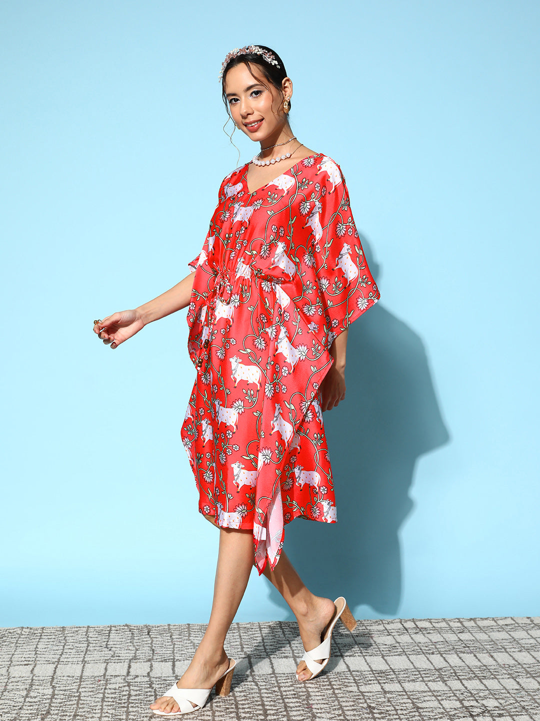 InWeave Women's Bright Pink Indian Bull Print Kaftan 