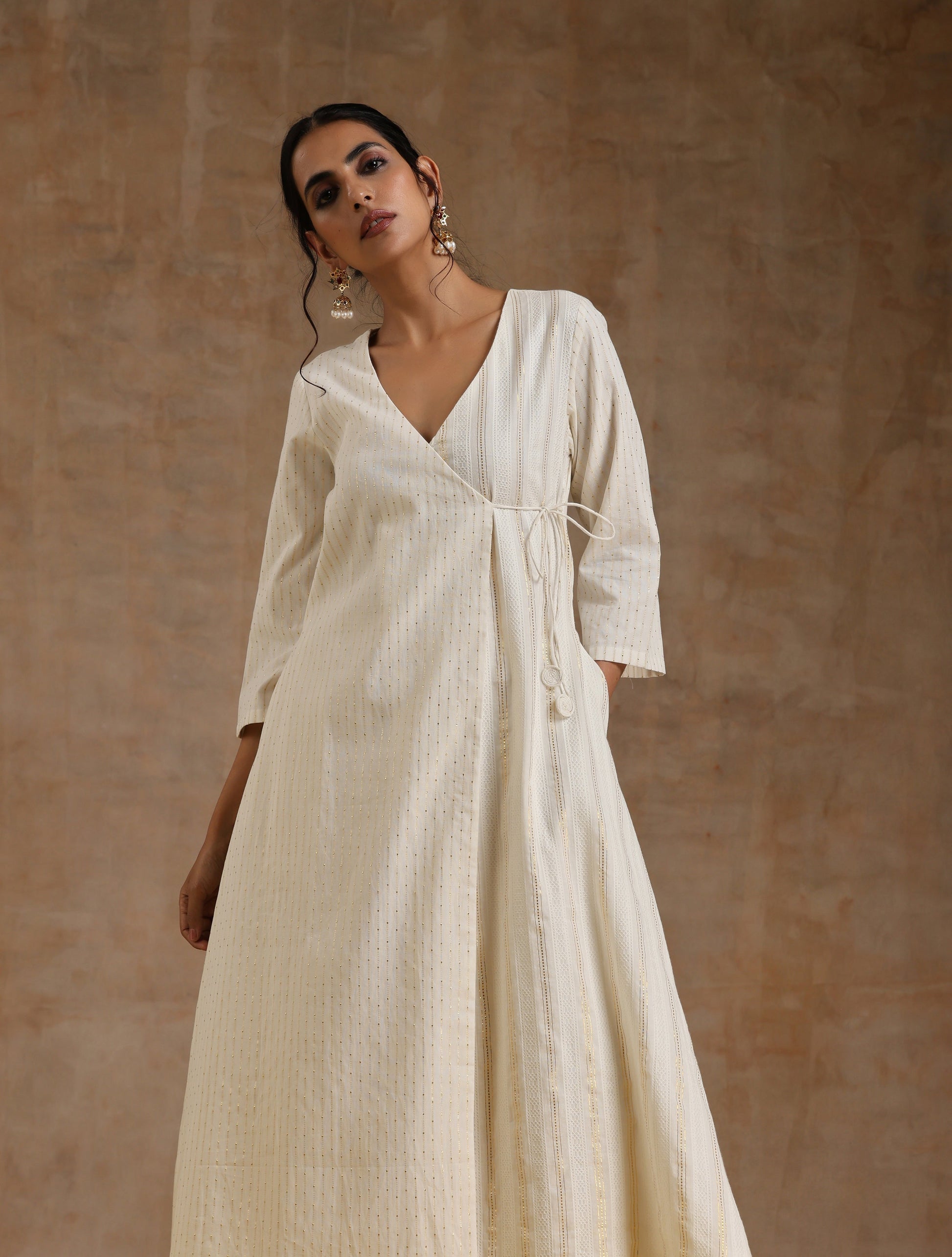 trueBrowns Ivory Gold Cotton Angrakha Kurta Set 