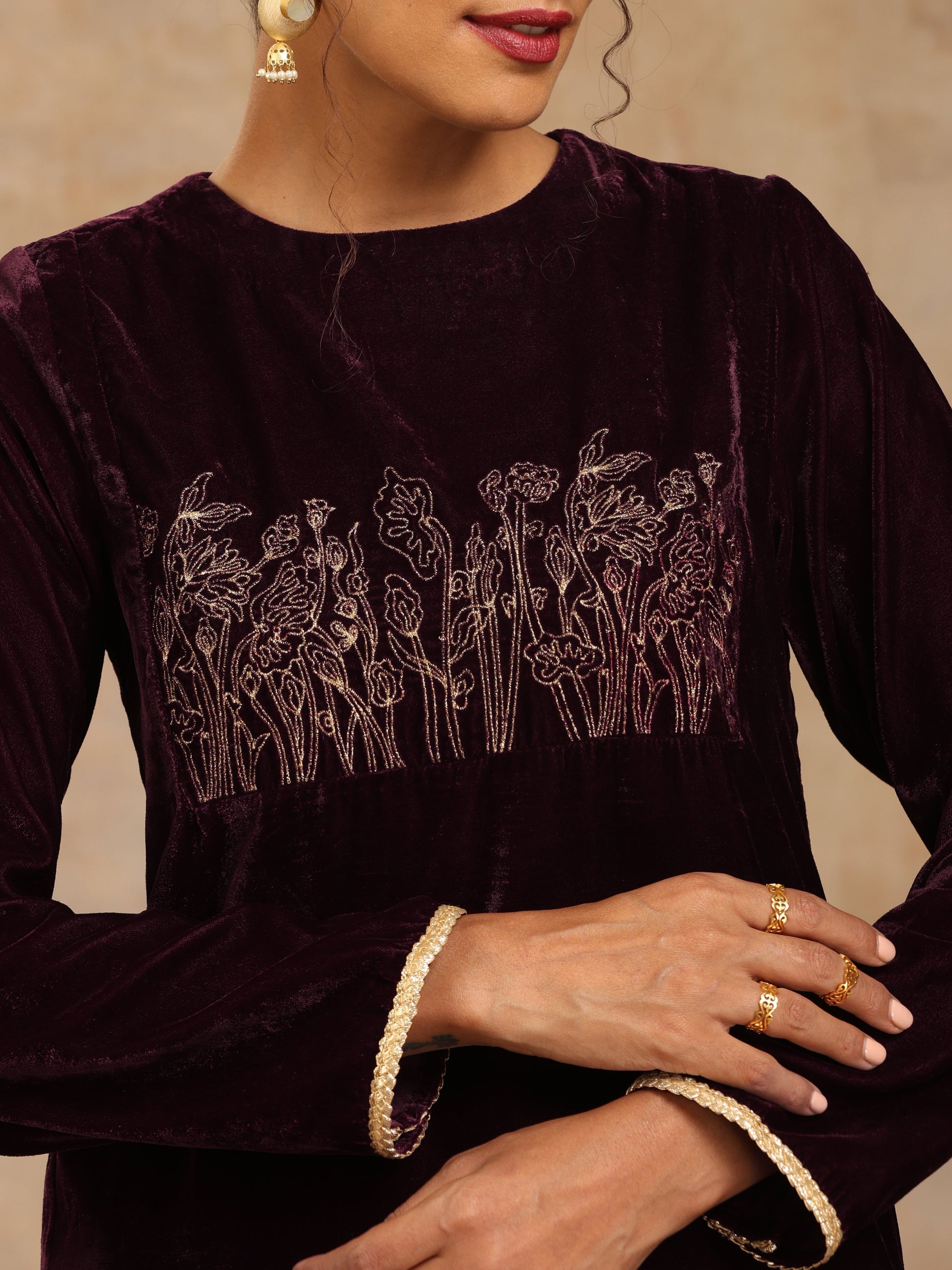 trueBrowns Wine Velvet Yoke Embroidered Kurta 