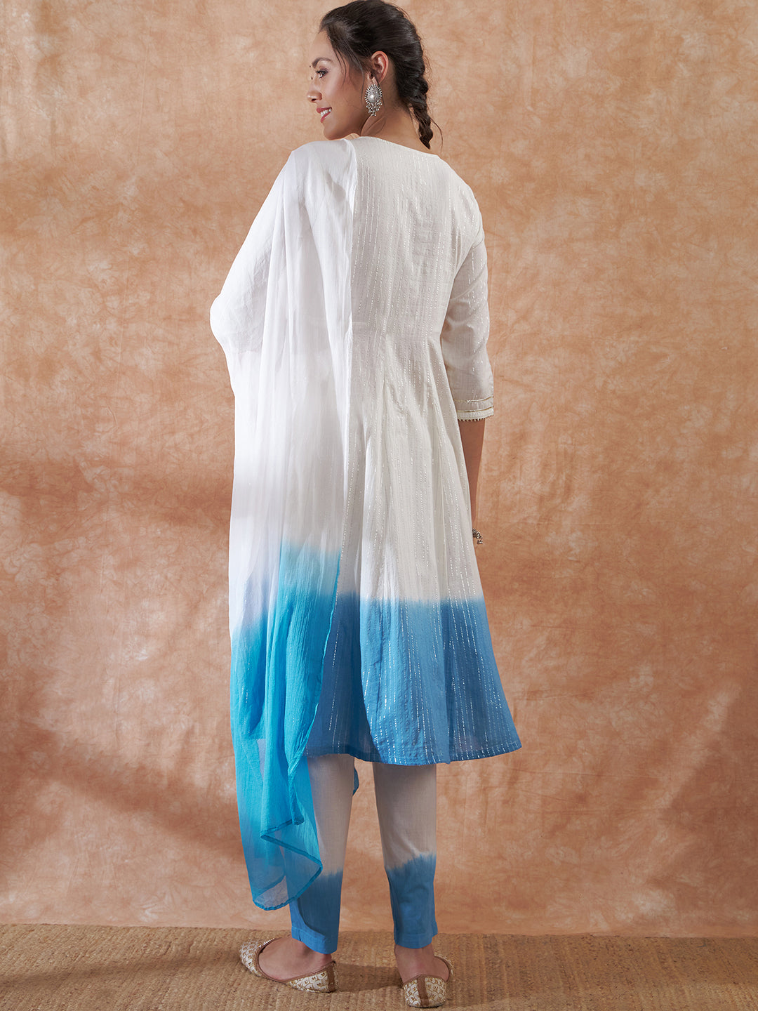 InWeave Women's White Lurex Blue Dye Patch Gota Anarkali Kurta Set W Dupatta 