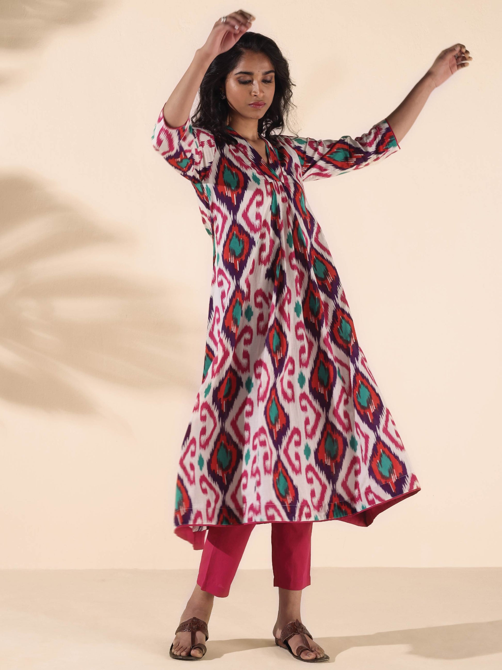 trueBrowns Pink Cotton Ikat Flared Kurta Pant Set 