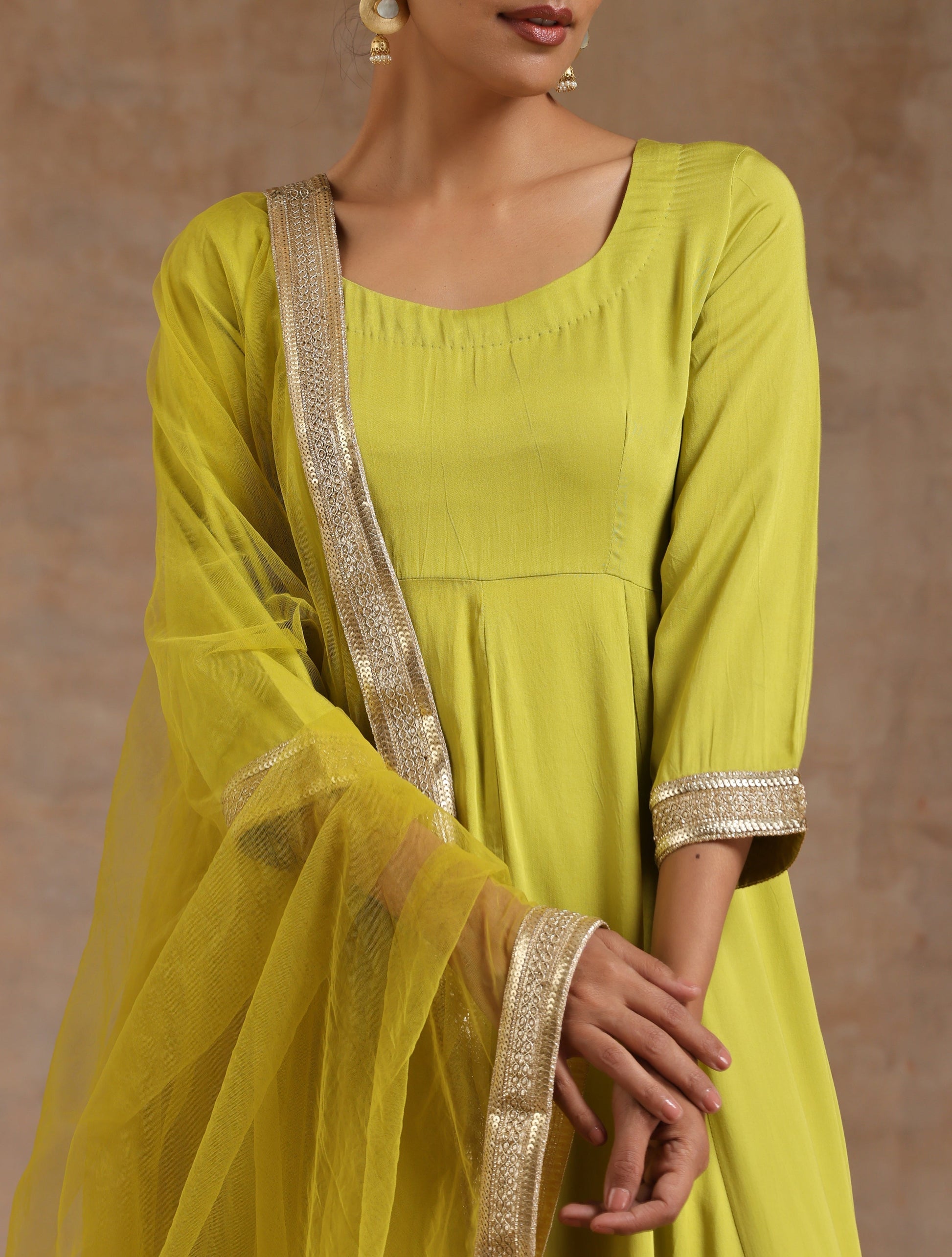 trueBrowns Lime Modal Satin Anarkali Set 