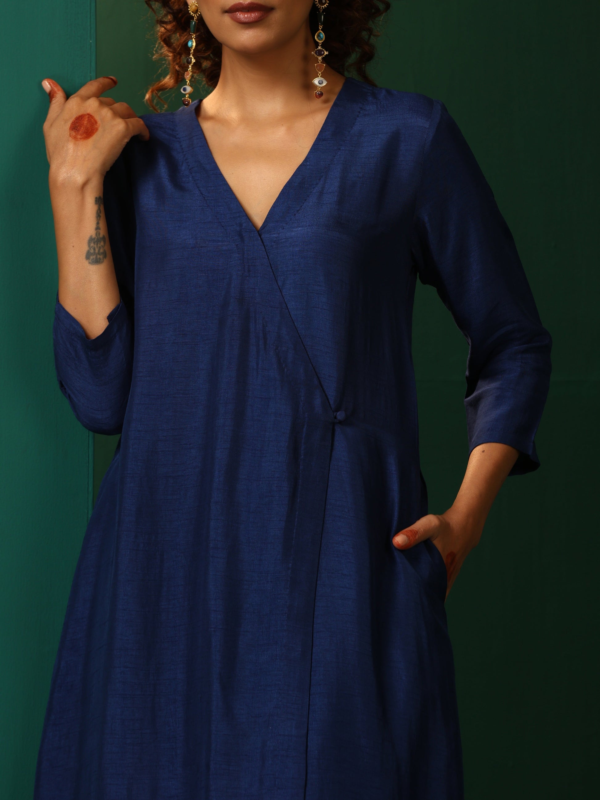 trueBrowns Blue Silk Angrakha Kurta Pant Set 