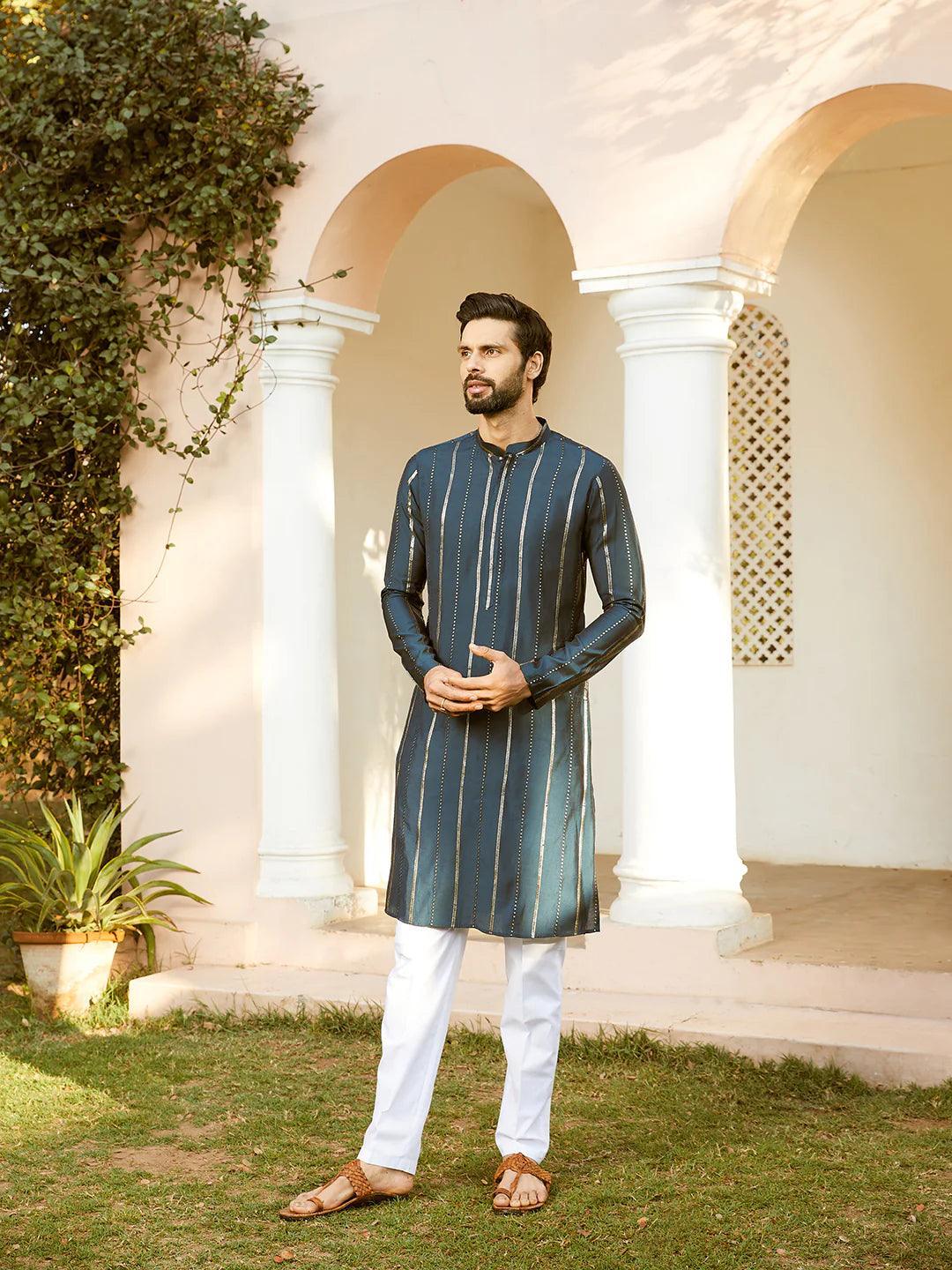 Fabmade Embroidered Regular Sequinned Chanderi Silk Kurta With Pyjamas