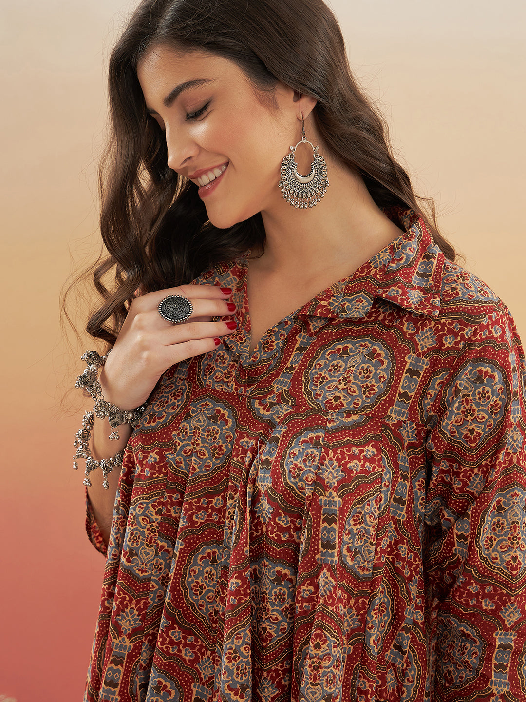 InWeave Women's Maroon Mughal Kalamkari Flared Dress 