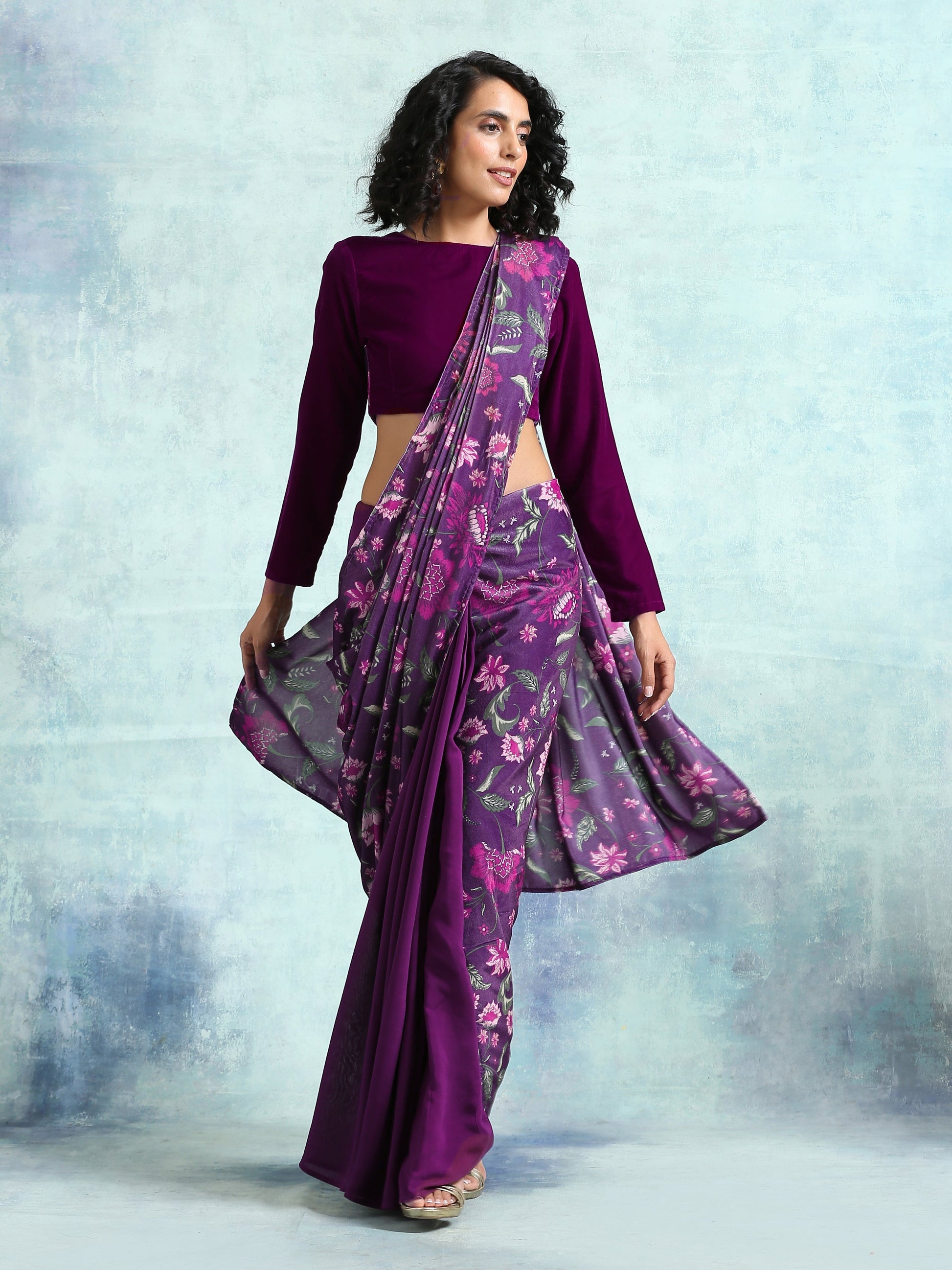 trueBrowns Wine Velvet With Print Detail Blouse | Swadesiicart