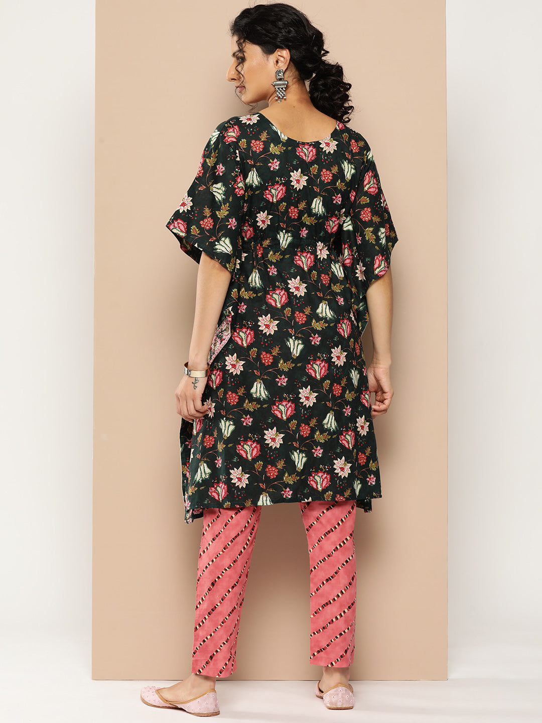 KSUT (House of Varanga) Green And Peach Floral Print Kaftan Trouser Set.