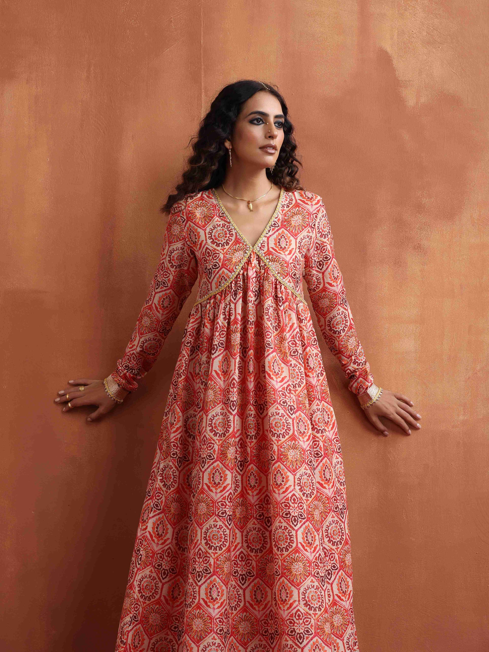 trueBrowns Beige Print Flared Anarkali Kurta Set 