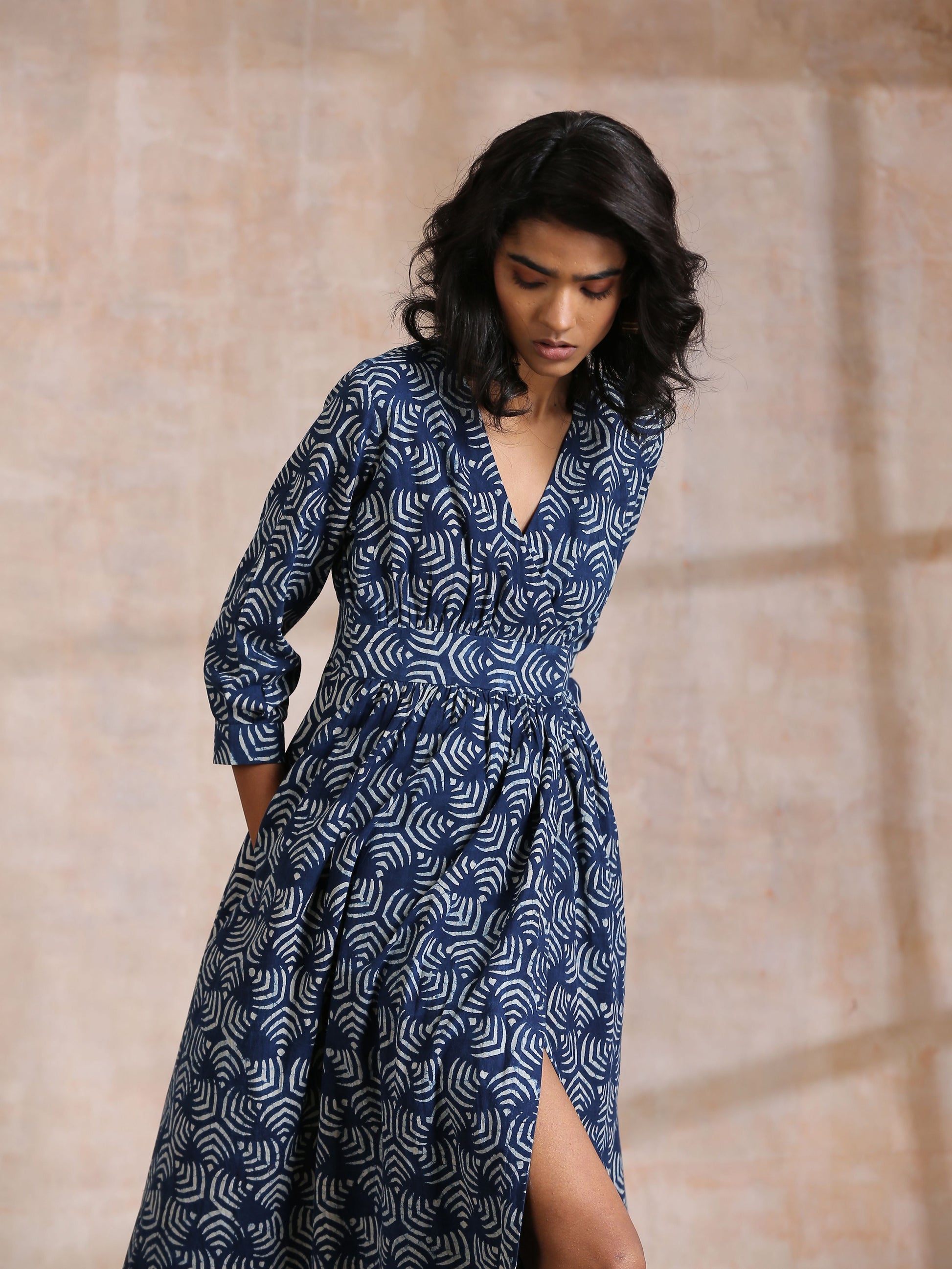 trueBrowns Indigo Dabu Overall Print Cotton Wrap Dress 