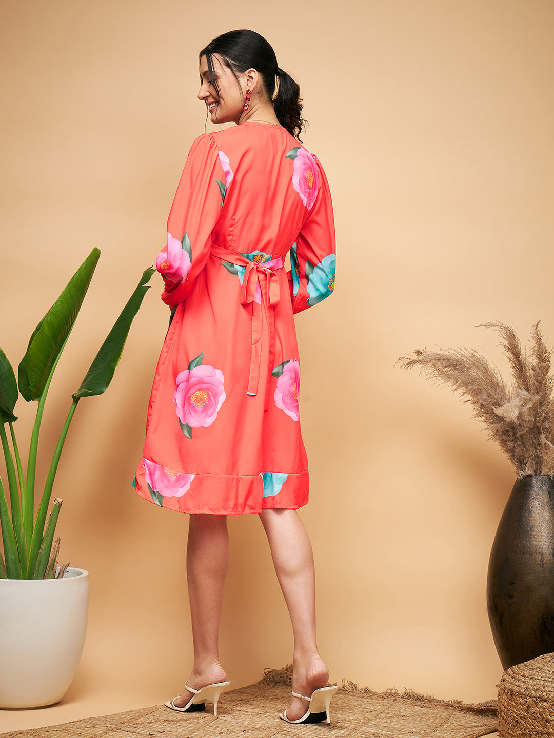 InWeave Women's Dark Orange Pink Blue Flower Belted Dress 