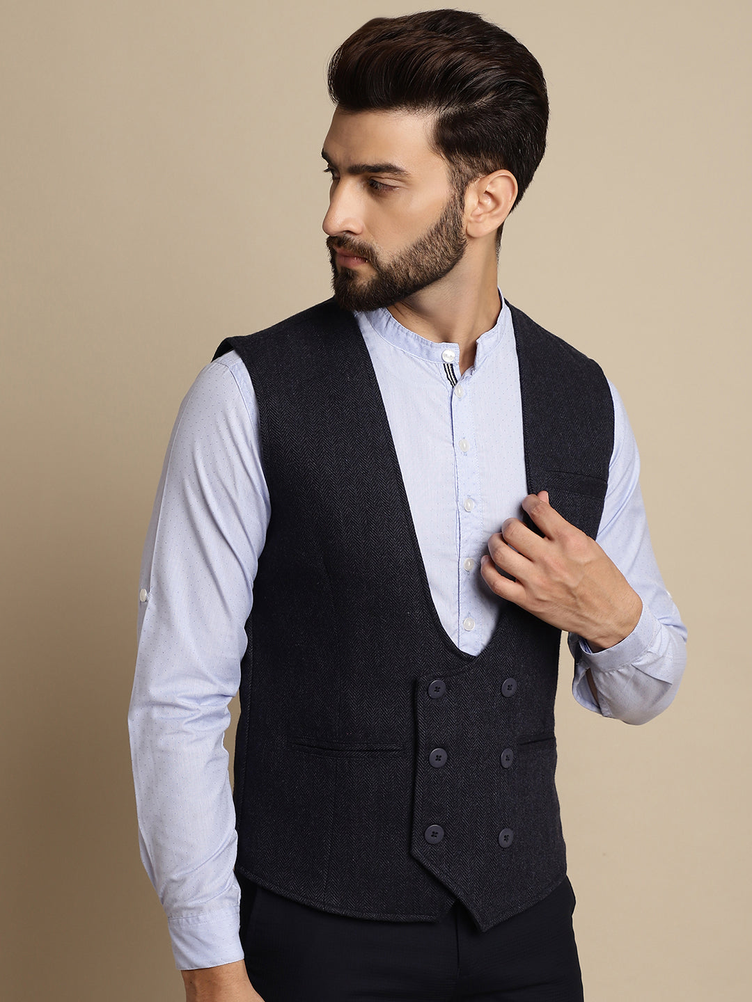 Even Apparels Men's Blue Woolen Double Breast Waistcoat - Grab2buy