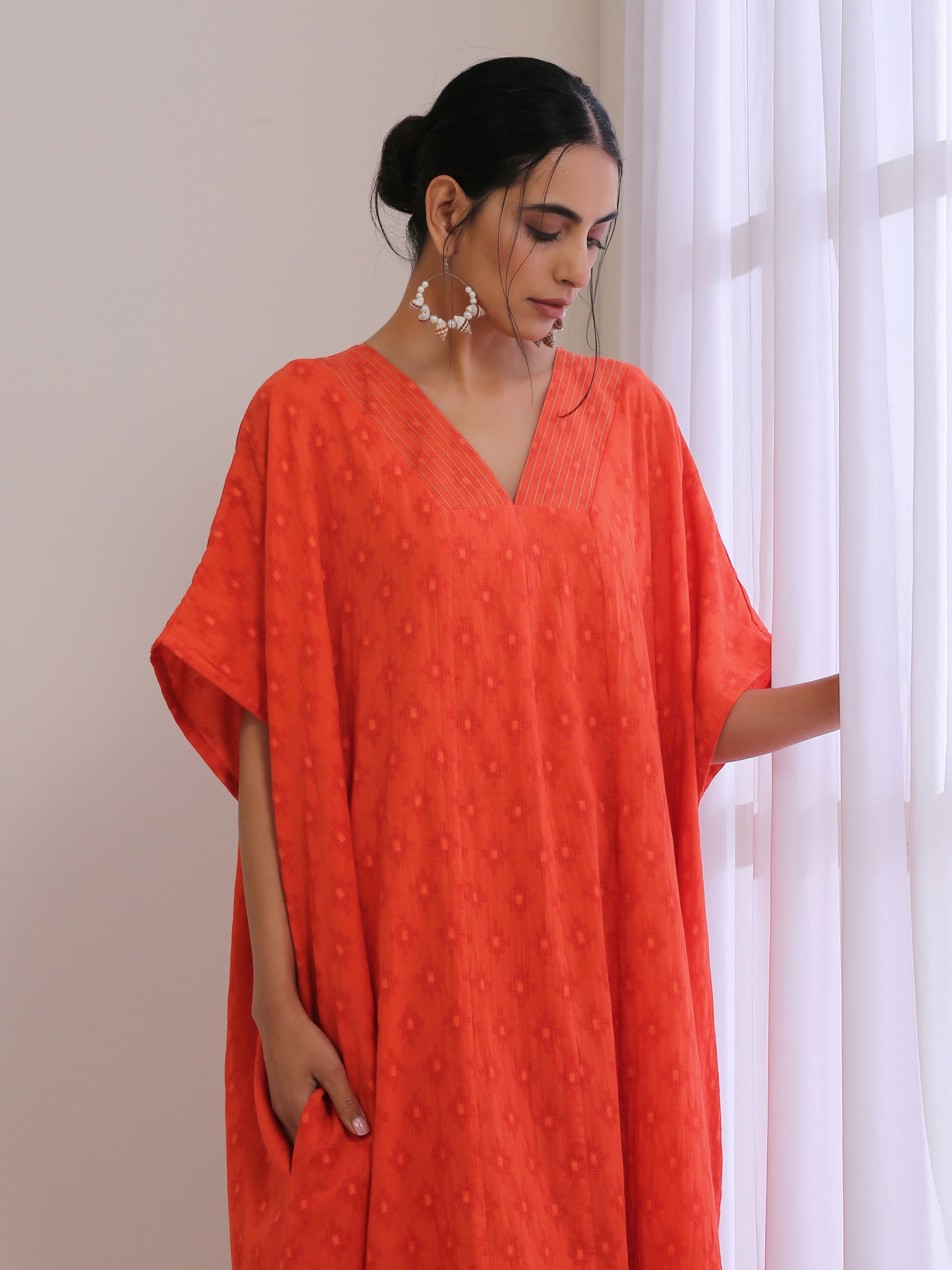trueBrowns Orange Dobby Panel Kaftan Dress 
