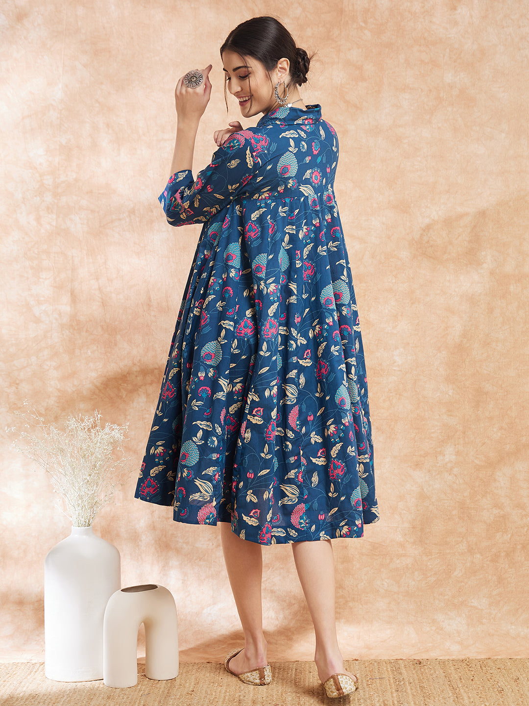InWeave Women's Blue Pink Kalamkari Flared Dress 