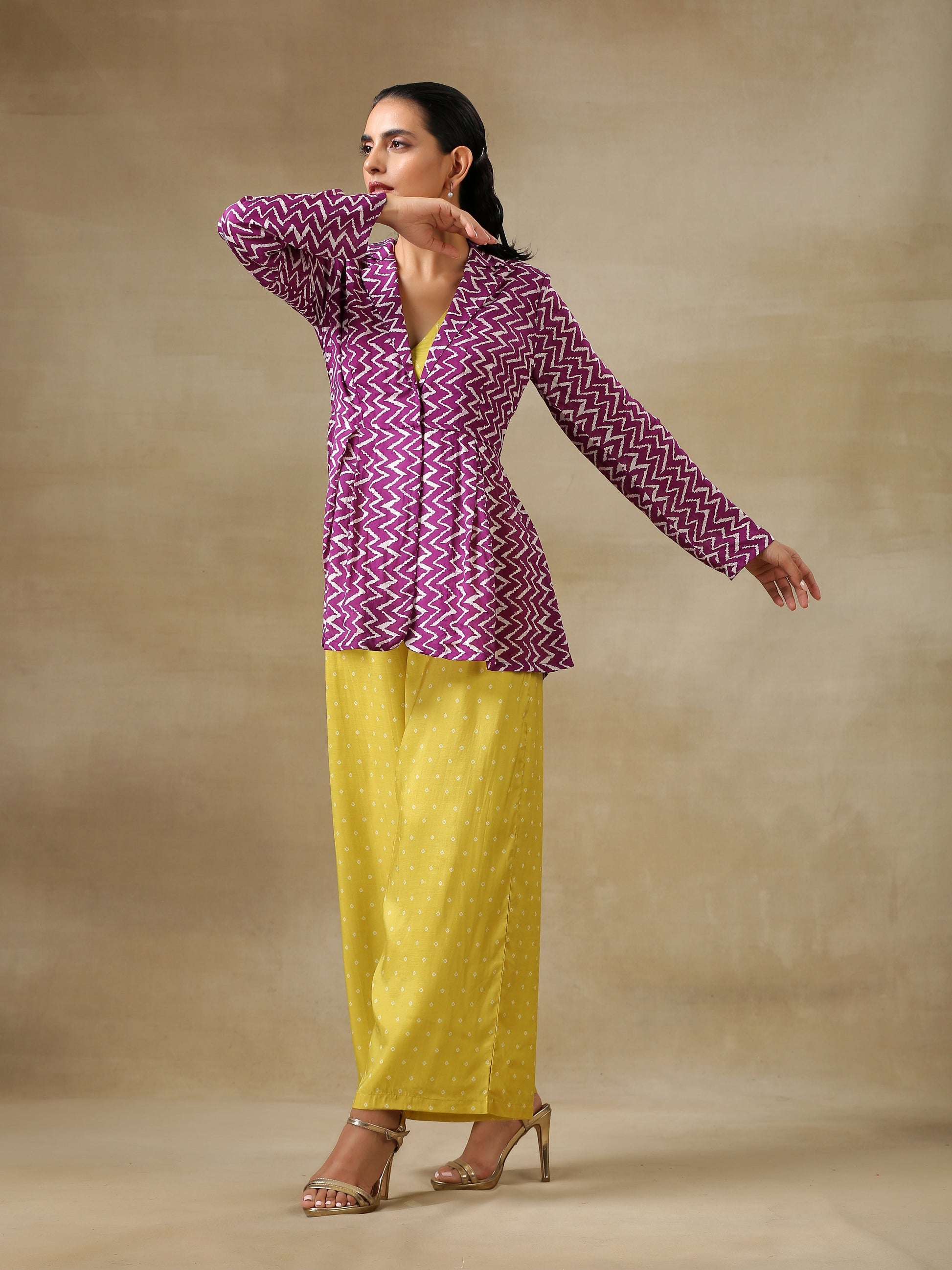 trueBrowns Lime Green Bandhani Printed Silk Top Pant with Purple Printed Jacket Set 